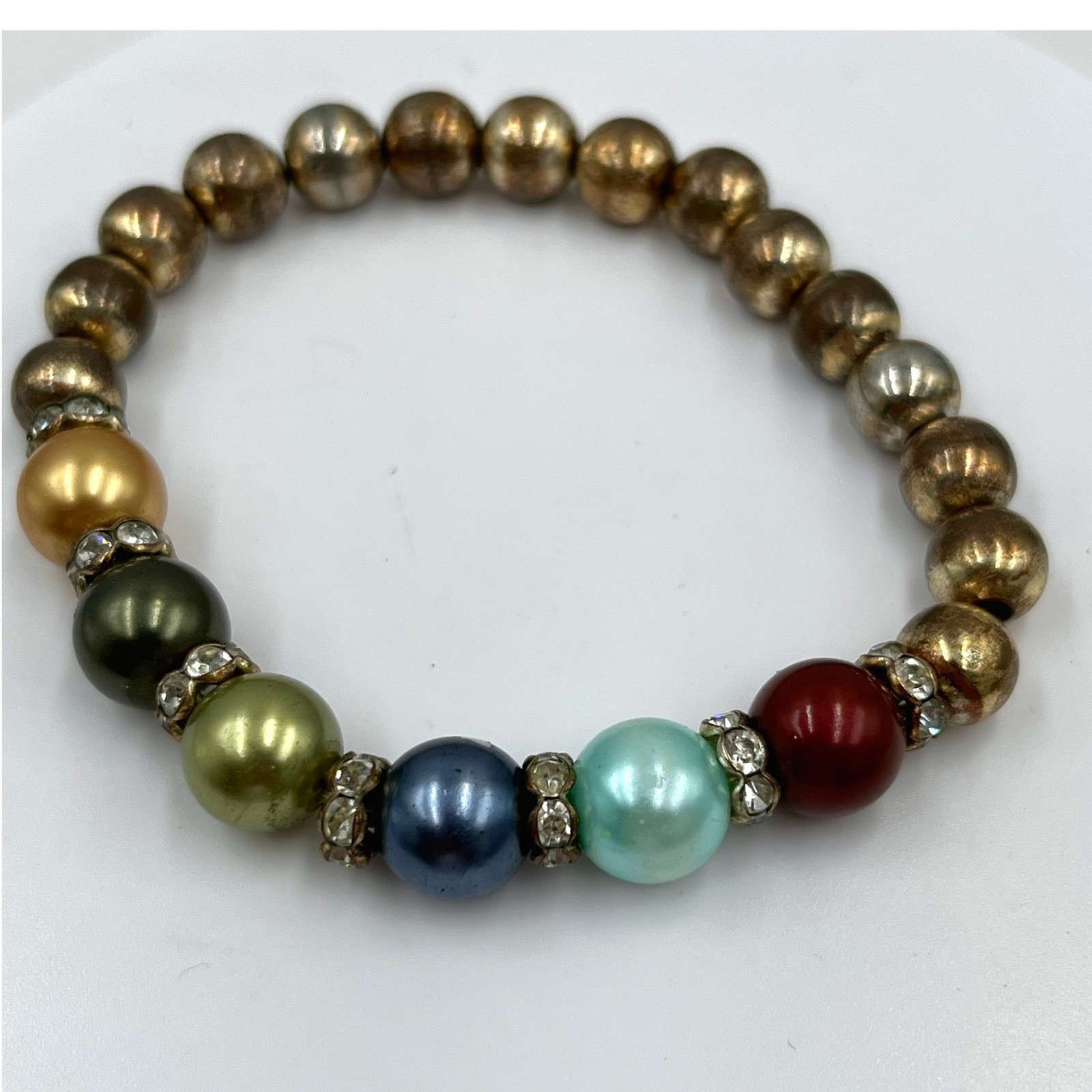 Vintage Multicolor Pearl Beaded Stretch Bracelet with Gold Tone Accent Beads
