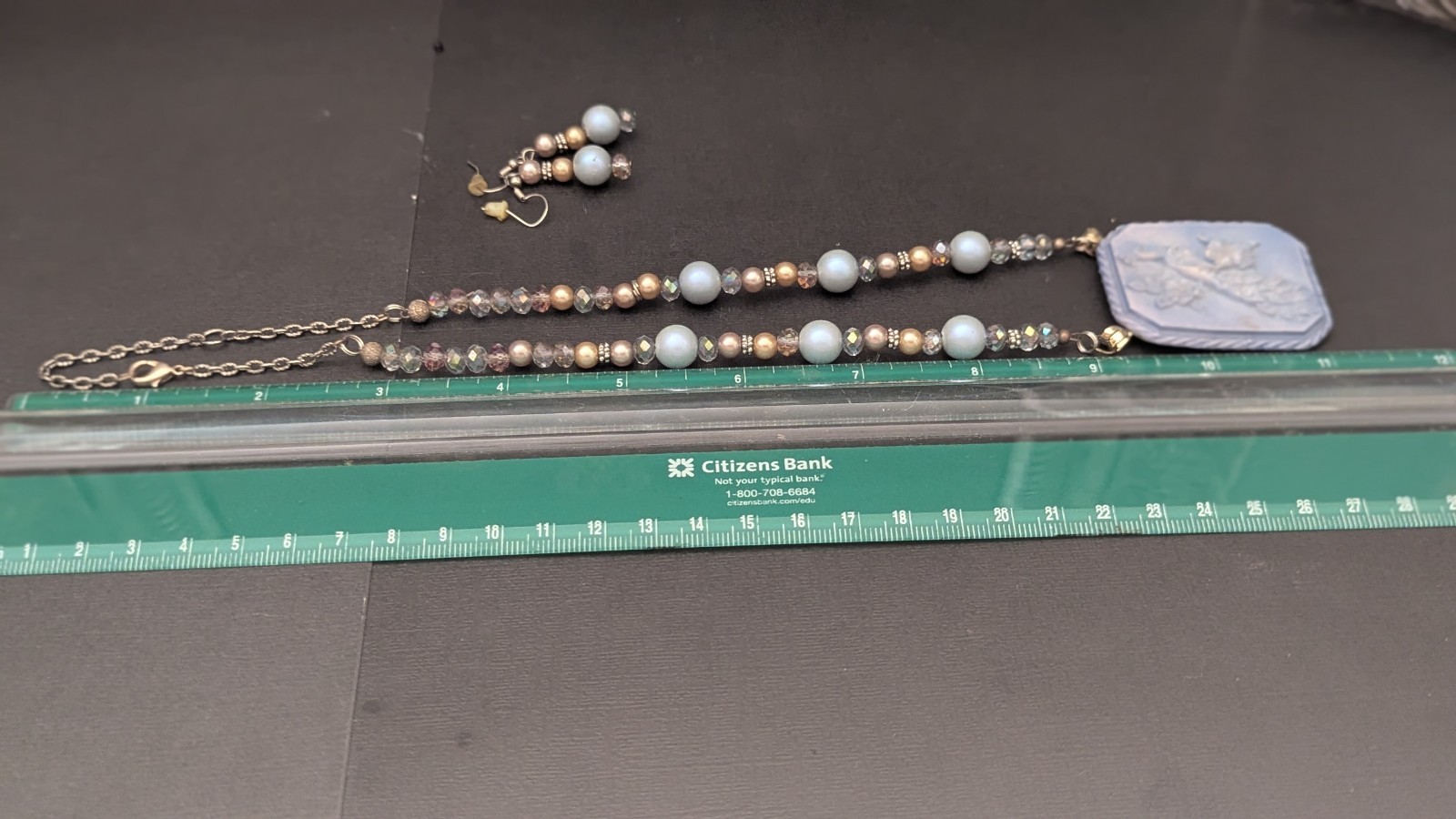 Vintage Light Blue Embossed Peacock Necklace – possibly Celluloid? With Earrings