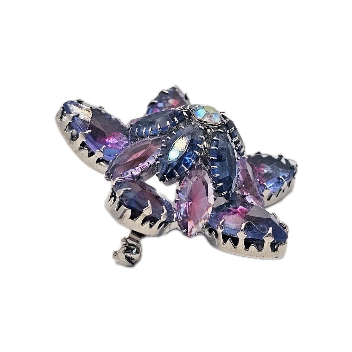 VTG Starburst Domed Purple Blue Pink Vitrail Glass Rhinestone Brooch Silver Tone