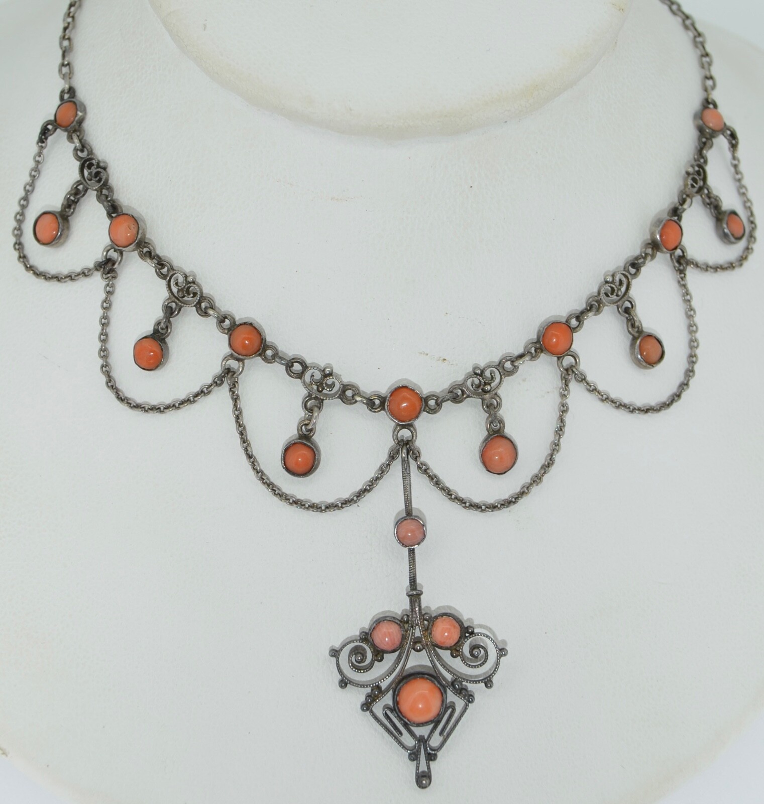 Victorian Sterling silver & Coral Swag Cannetille Necklace