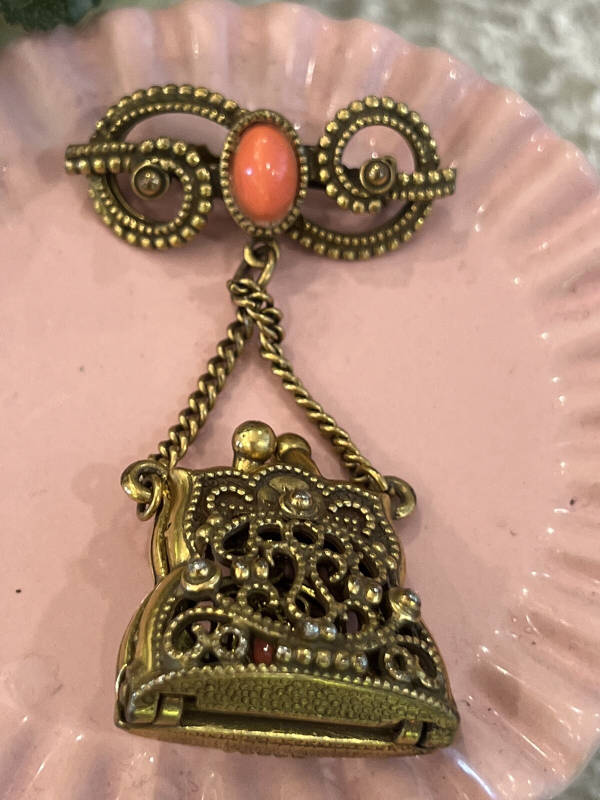 Pin Brooch Filigree Purse Coral Color Stone Dangle Pin