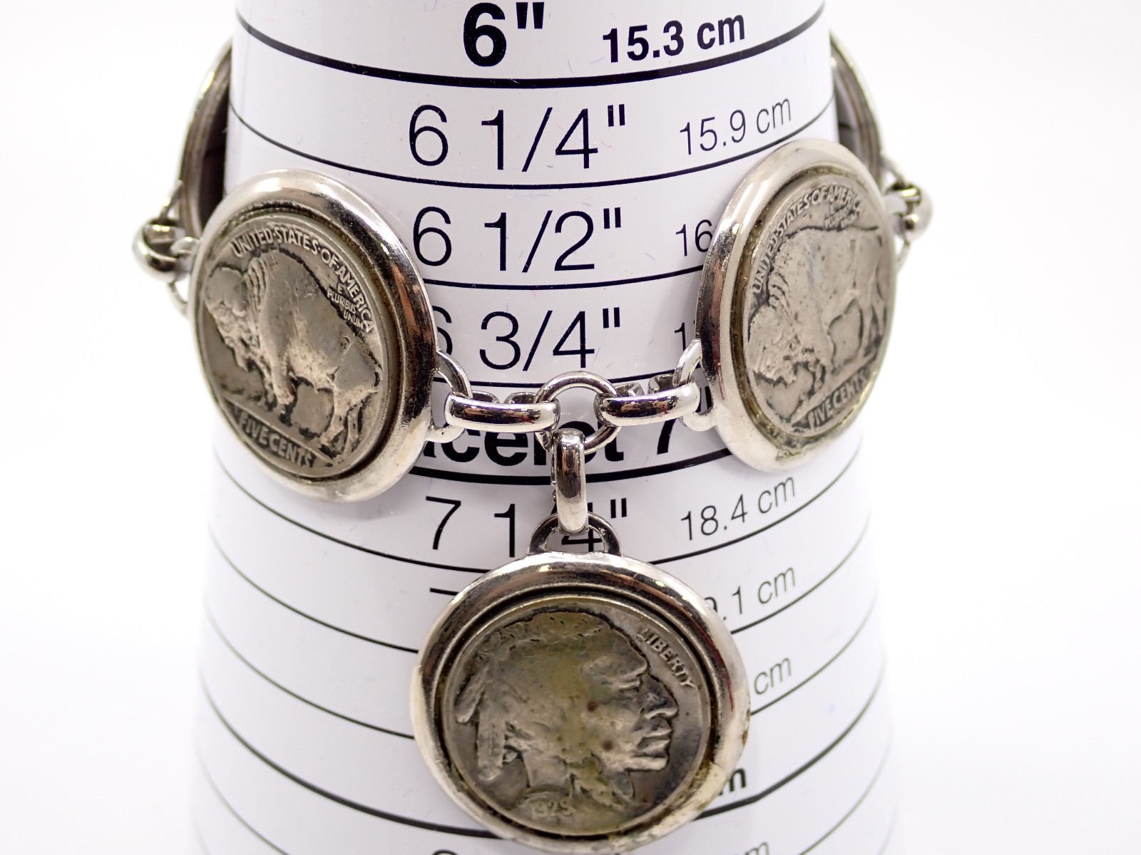 Vintage 1929 Buffalo Nickel Coin Bracelet Handcrafted Silver Tone Mounts