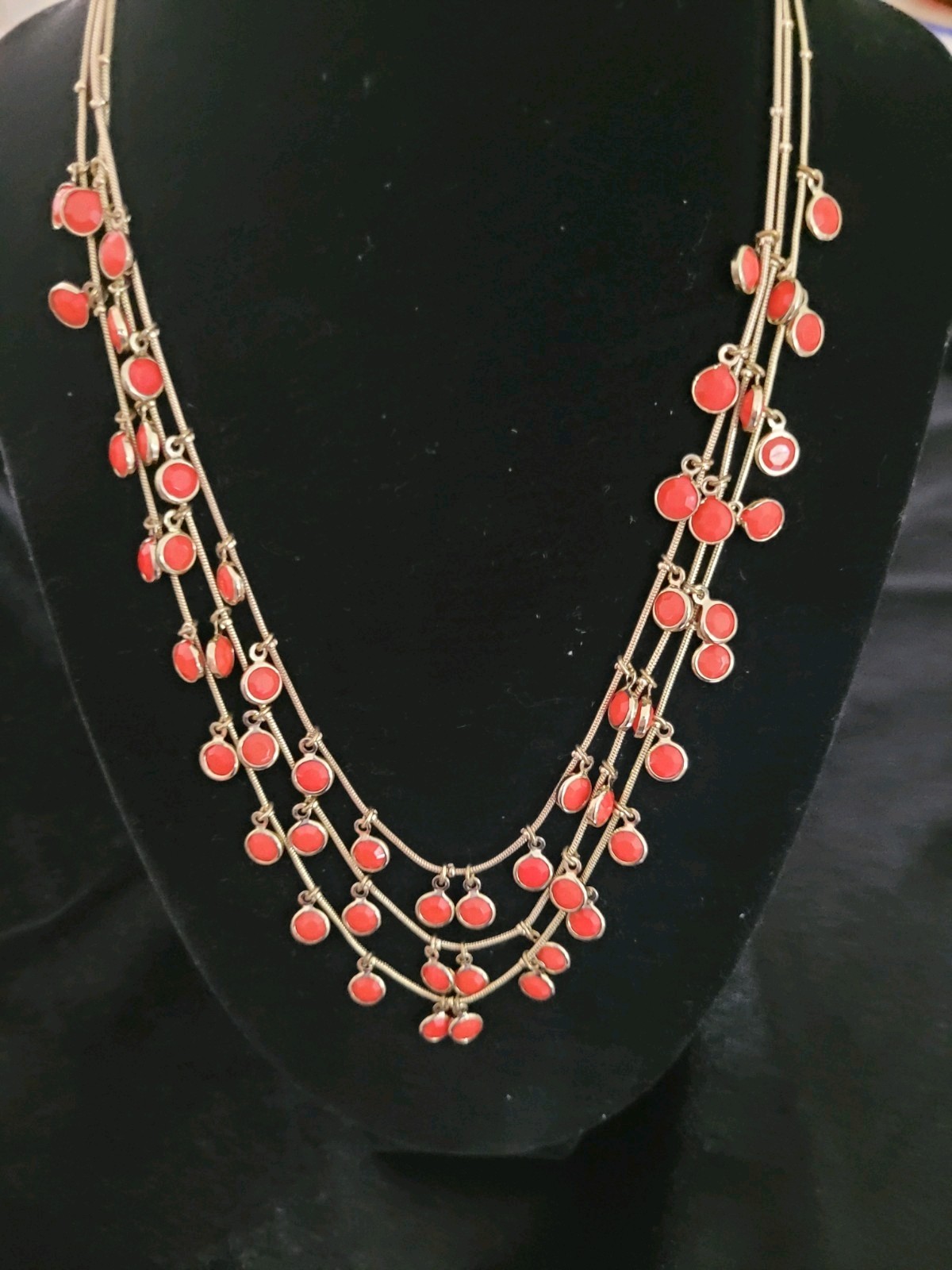 Vtg Anne Kline Triple Layed Coral Colored And Gold Tone Chain 20 Inches