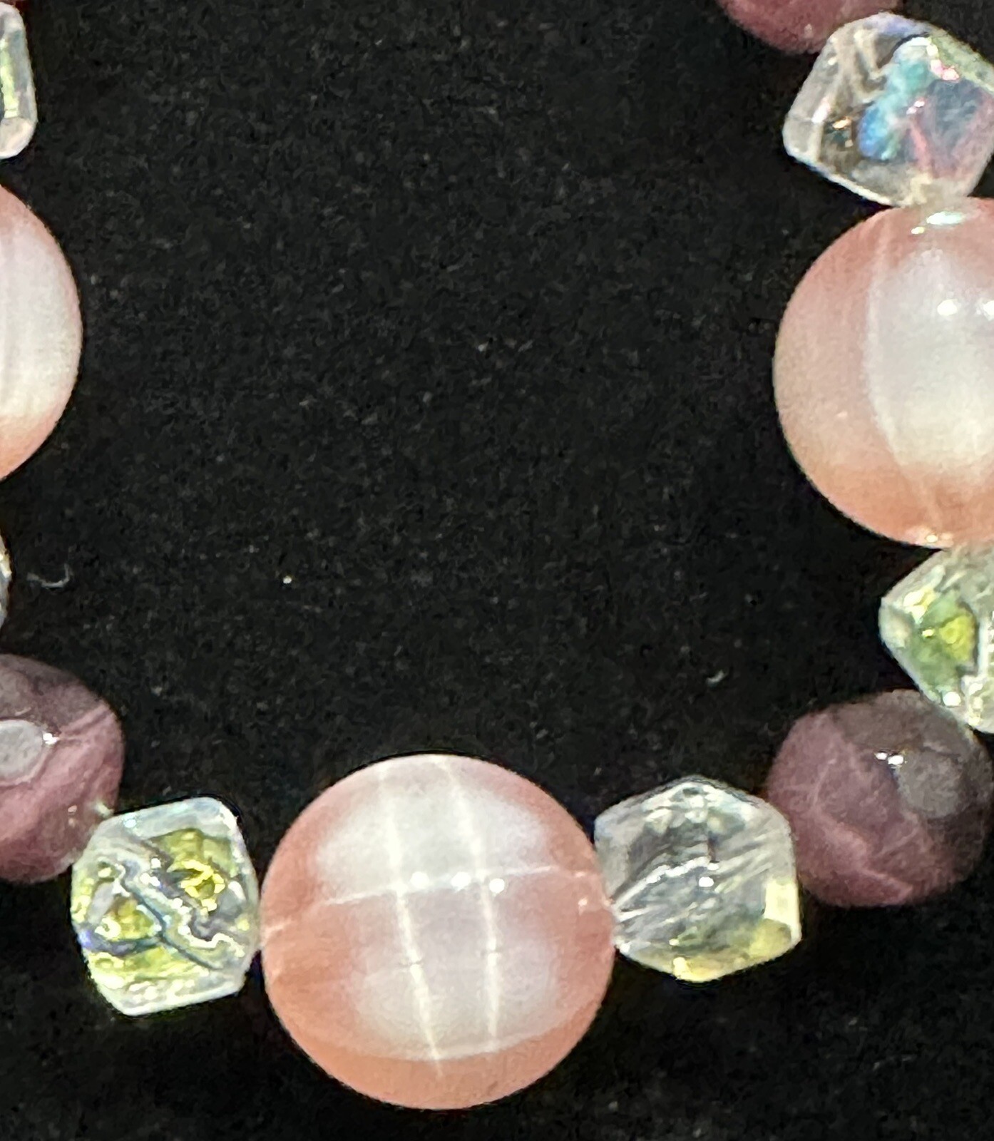 Vintage Pink Rose QUARTZ Genuine Stone & Crystal Beaded Necklace – 19” Goldtone