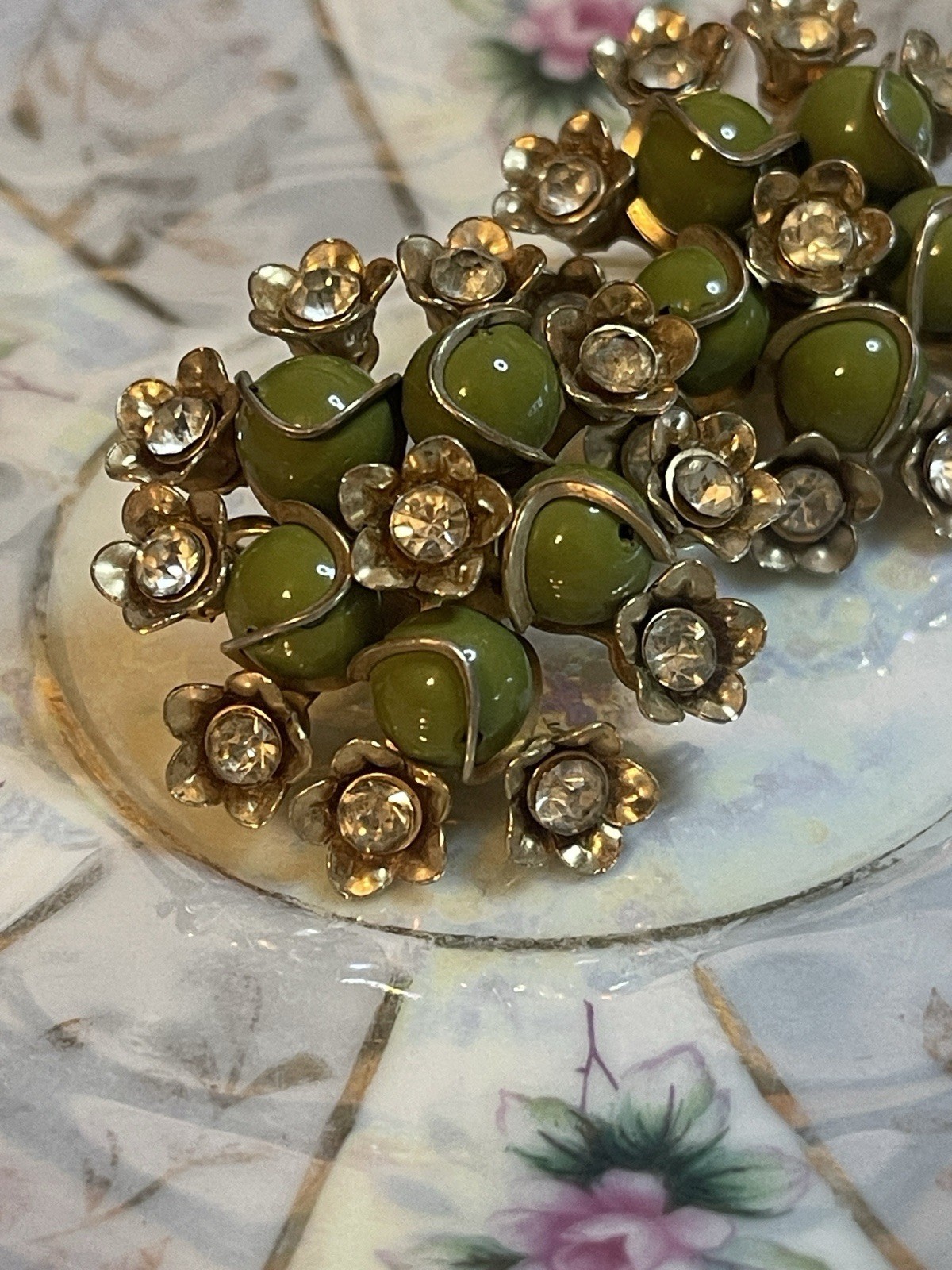 Vintage Olive Green Rhinestone Floral Motif Beaded Cluster Clip On Earrings