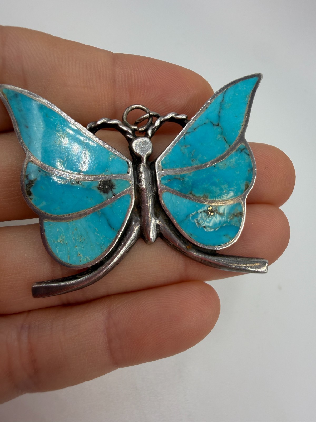 Vintage Butterfly Pendant Turquoise Inlay Sterling Silver 2 Inches 16 gram