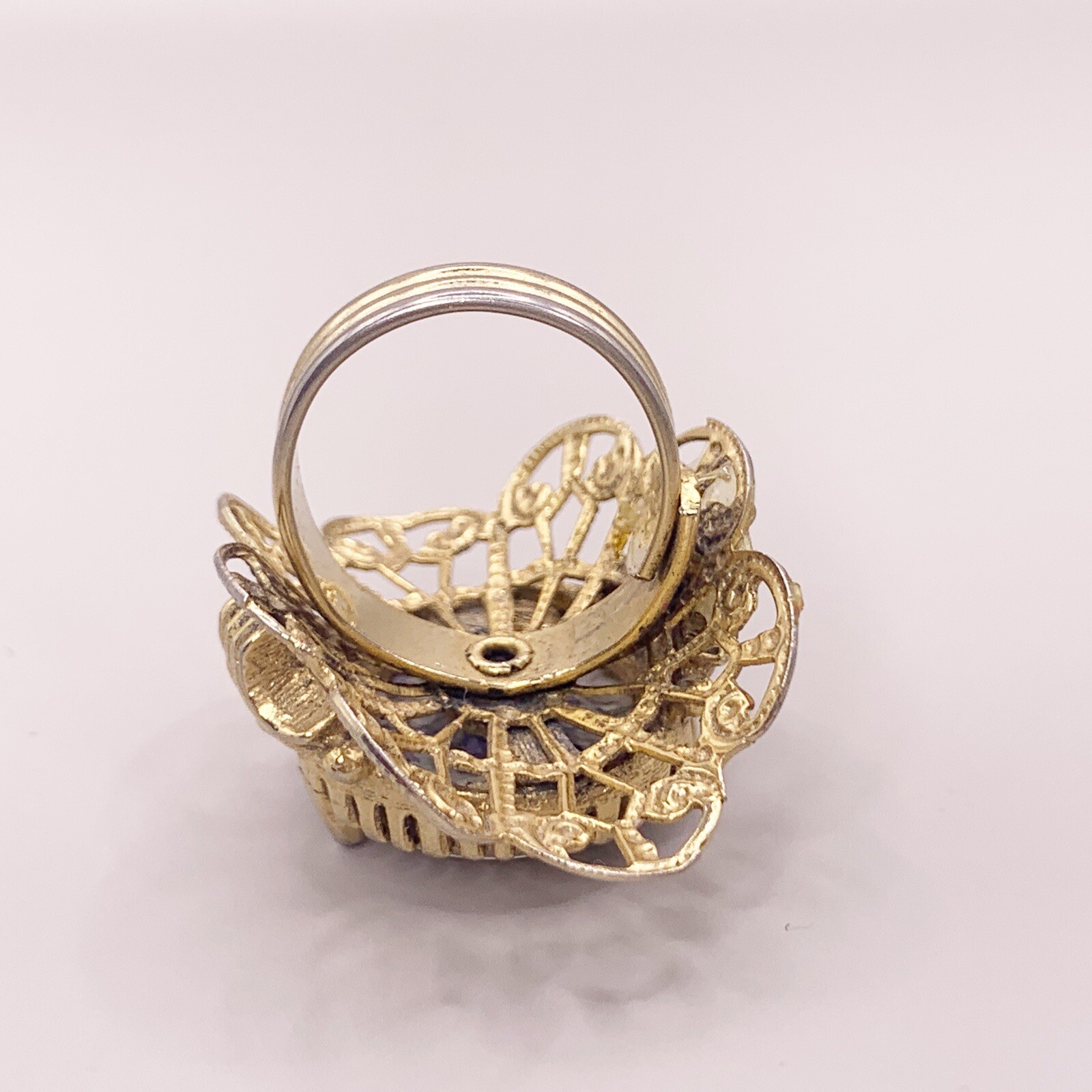 Vintage Cocktail Ring Costume Jewelry Off White Ivory Gold Color Tone Adjustable