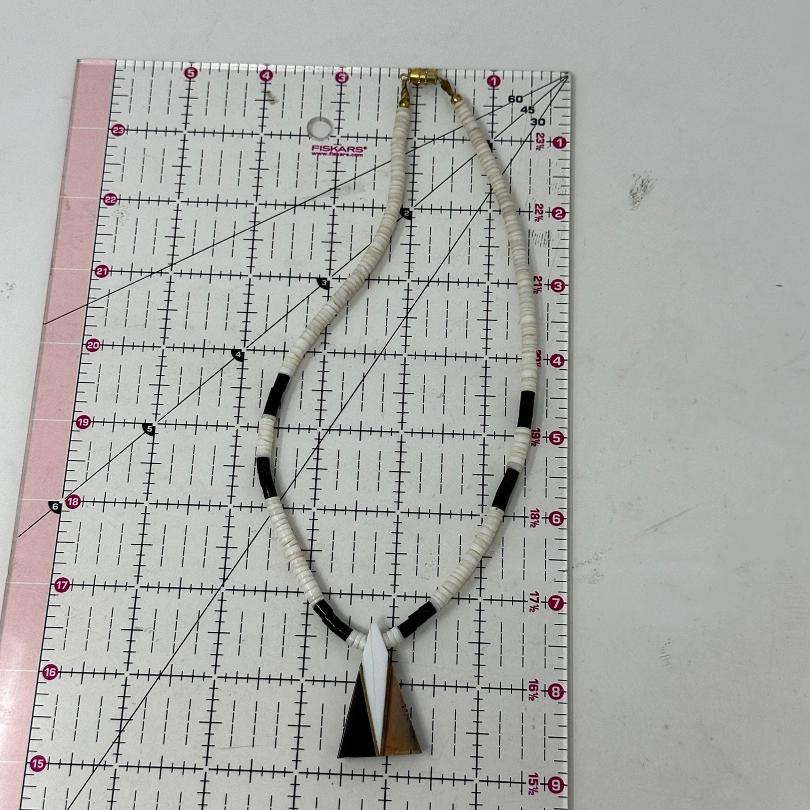 VTG Heishi Beaded Necklace With Triangular Stone Inlay Pendant Black White Brown