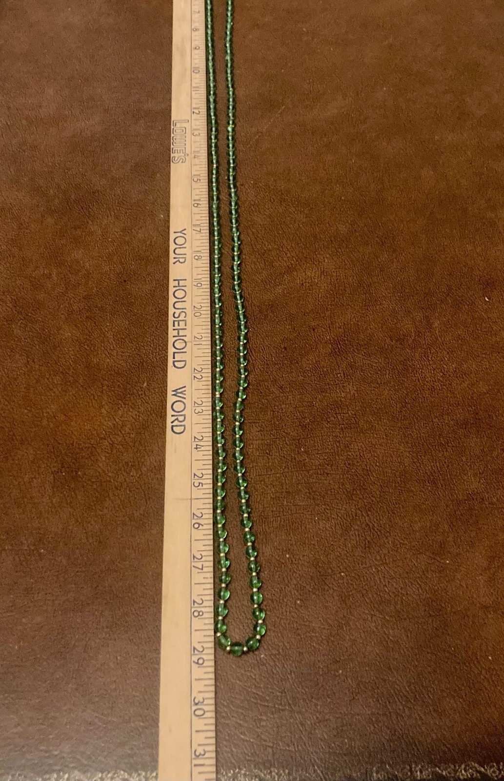 Vintage Glass Beaded Necklace Green Gold Tone 59″ Flapper