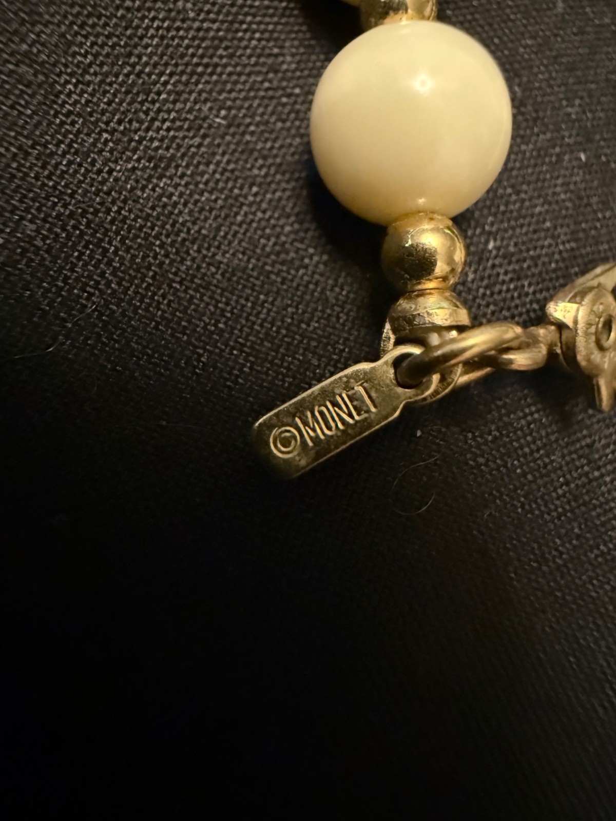 Vintage Monet White Beaded Signed Bracelet Gold Tone Chic Classic Sister Clasp