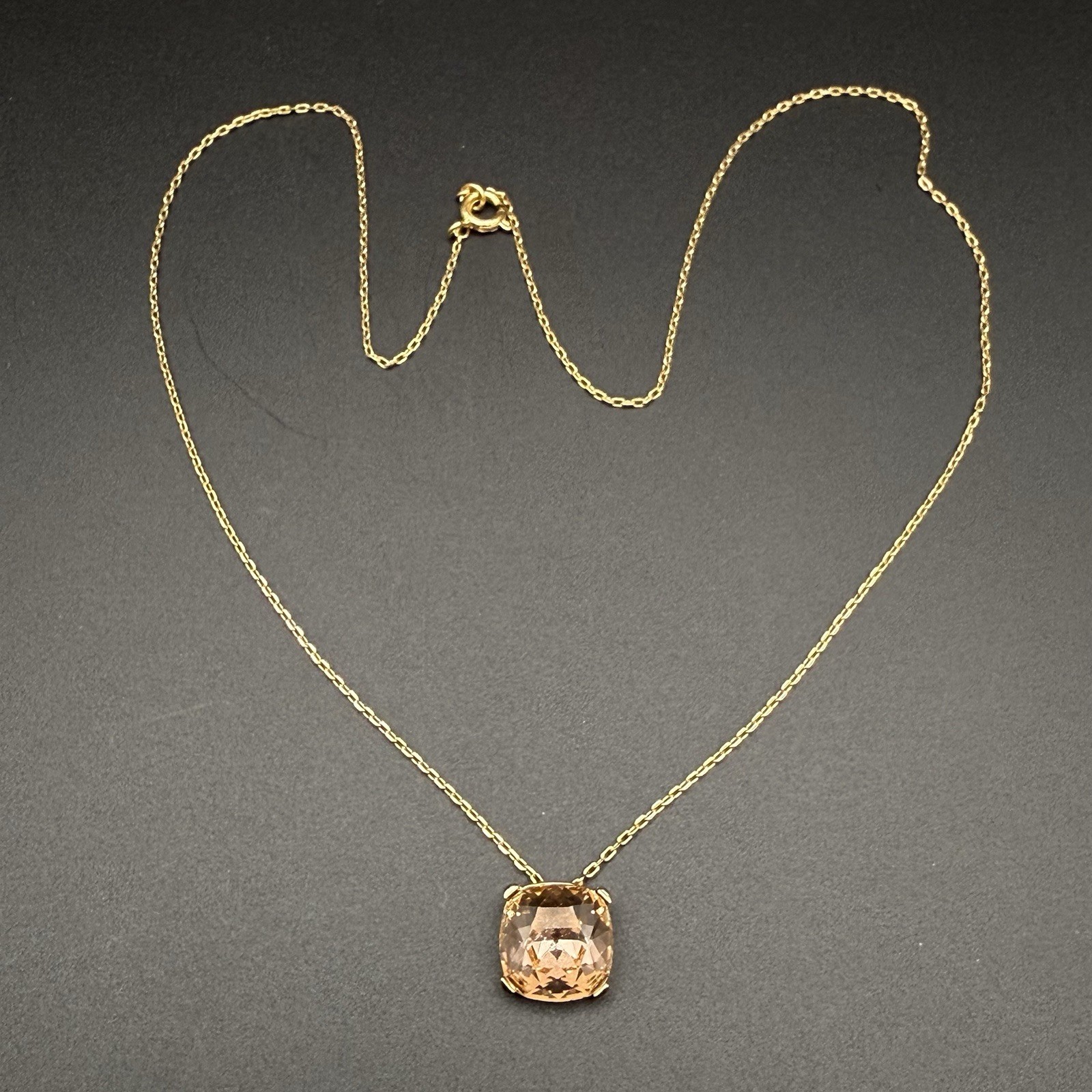 Gold Tone Blush Champagne Cushion Cut Crystal Pendant Necklace Modernist Sparkle