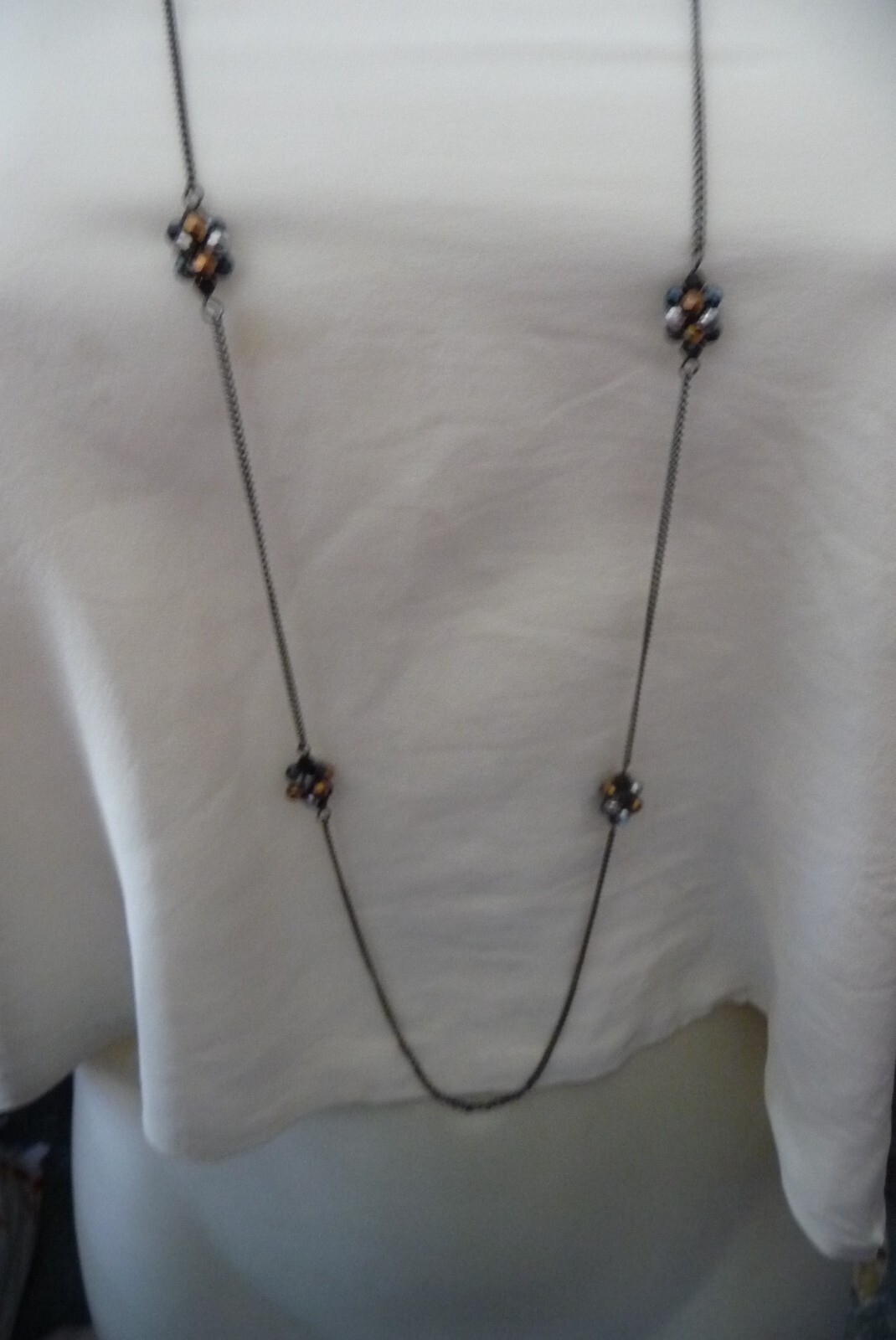 DESIGNER ?? BLACK CHAIN w BLACK GRAY COPPER TONE BEADED BEADS NECKLACE #182A