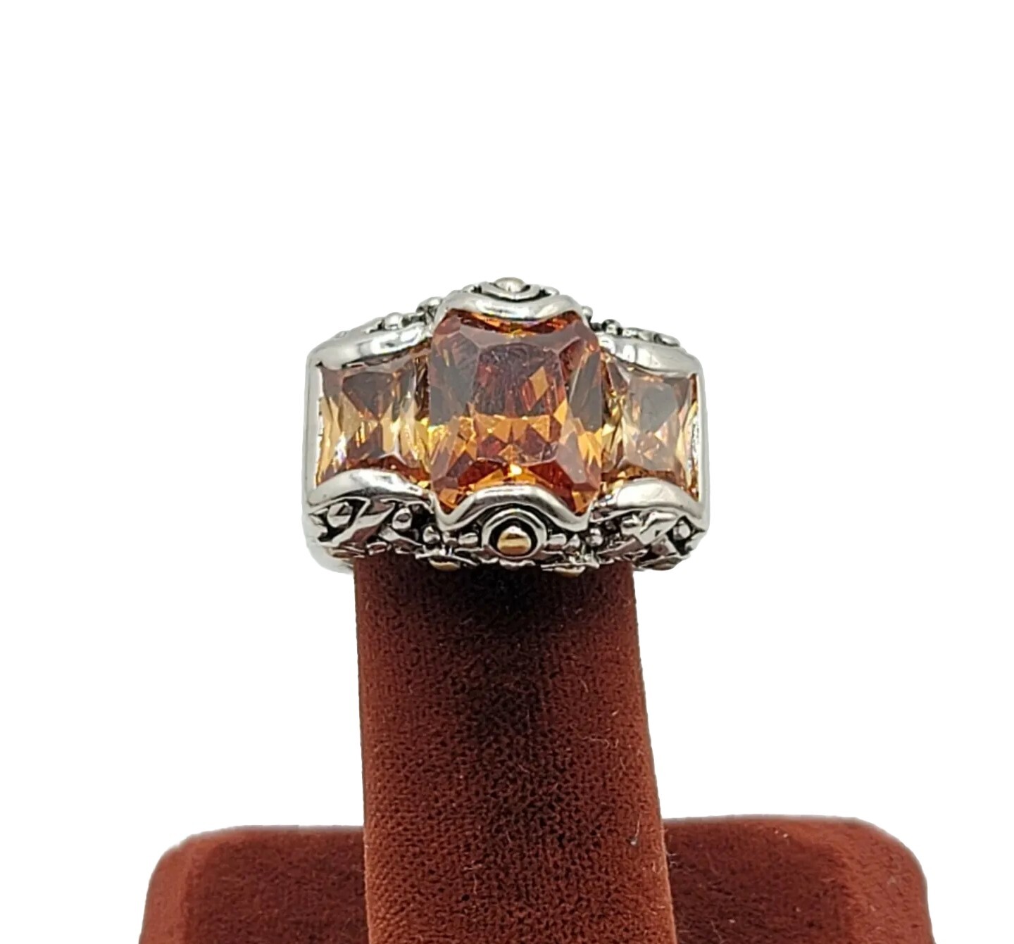 Vtg Ring Sz 8 Lg Big Topaz Citrine Cubic Zirconia Medieval Theme Fashion Jewelry
