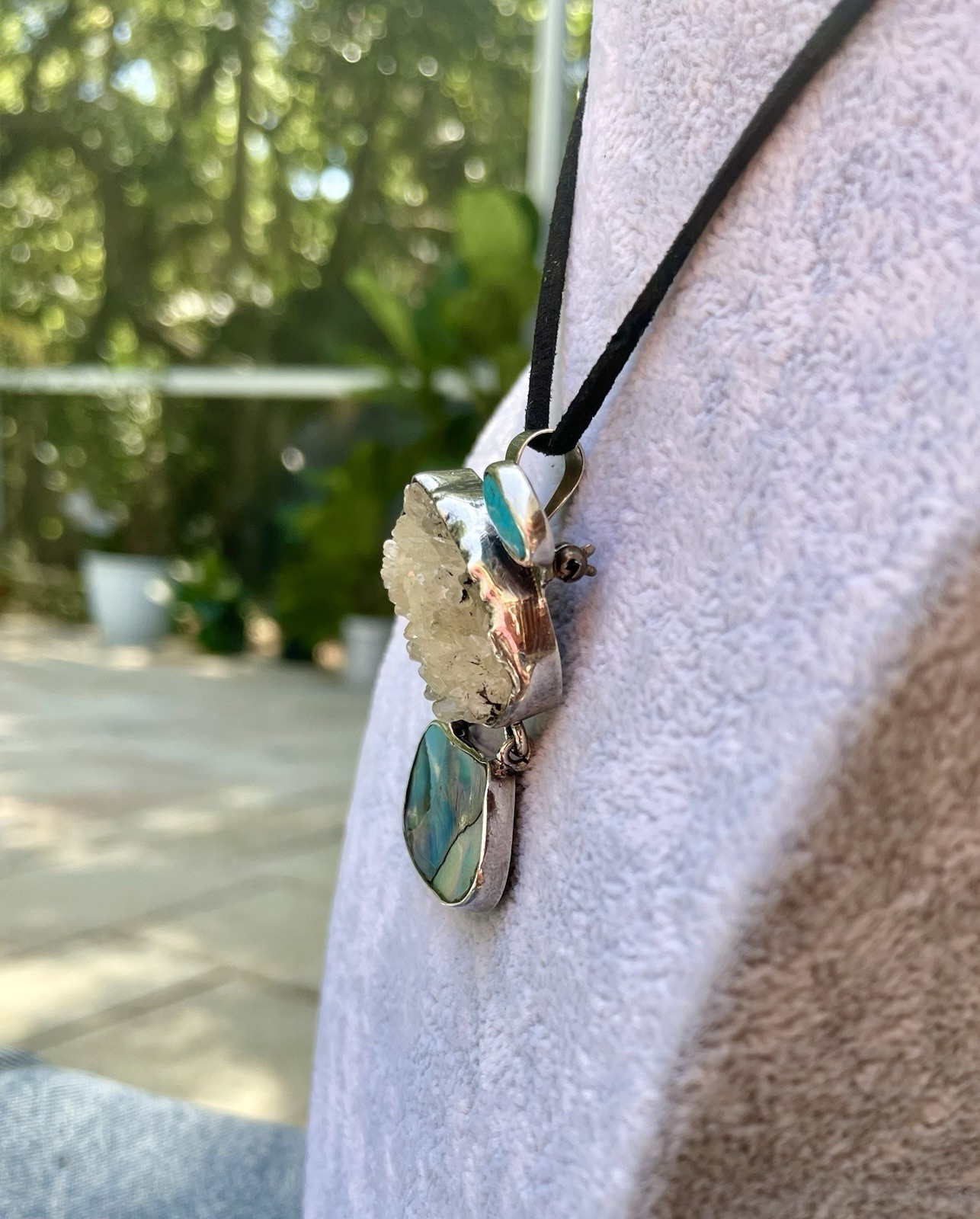 🎥Rock Crystal Rainbow Abalone Turquoise 2″ Pendant Brooch Mex Sterling Silver