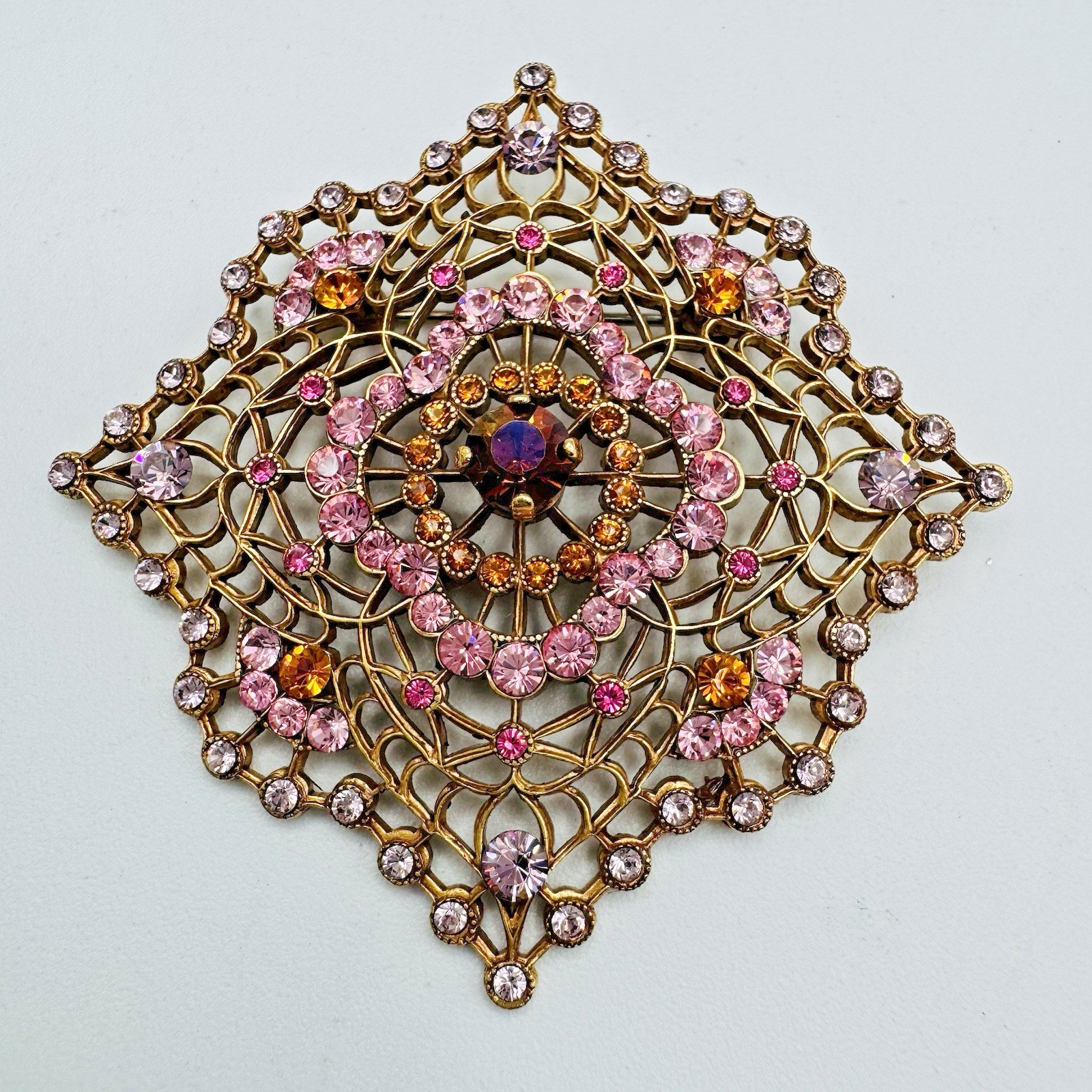 VTG Filigree Rhinestone Brooch Pink Purple Orange Victorian Revival Mandala