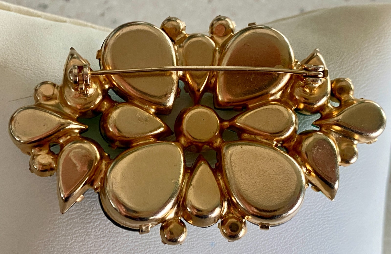 Vintage Emerald Green AB Rhinestone Brooch Faceted Marquise Prong Set
