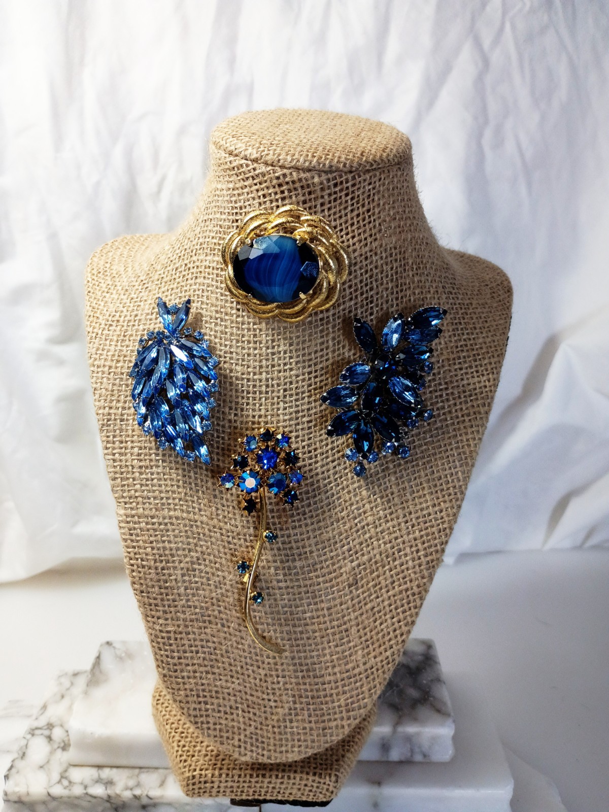Rhinestone Costume Vintage Jewelry Lot, 4 Piece, Blue, Silver Tones, Gold Tones