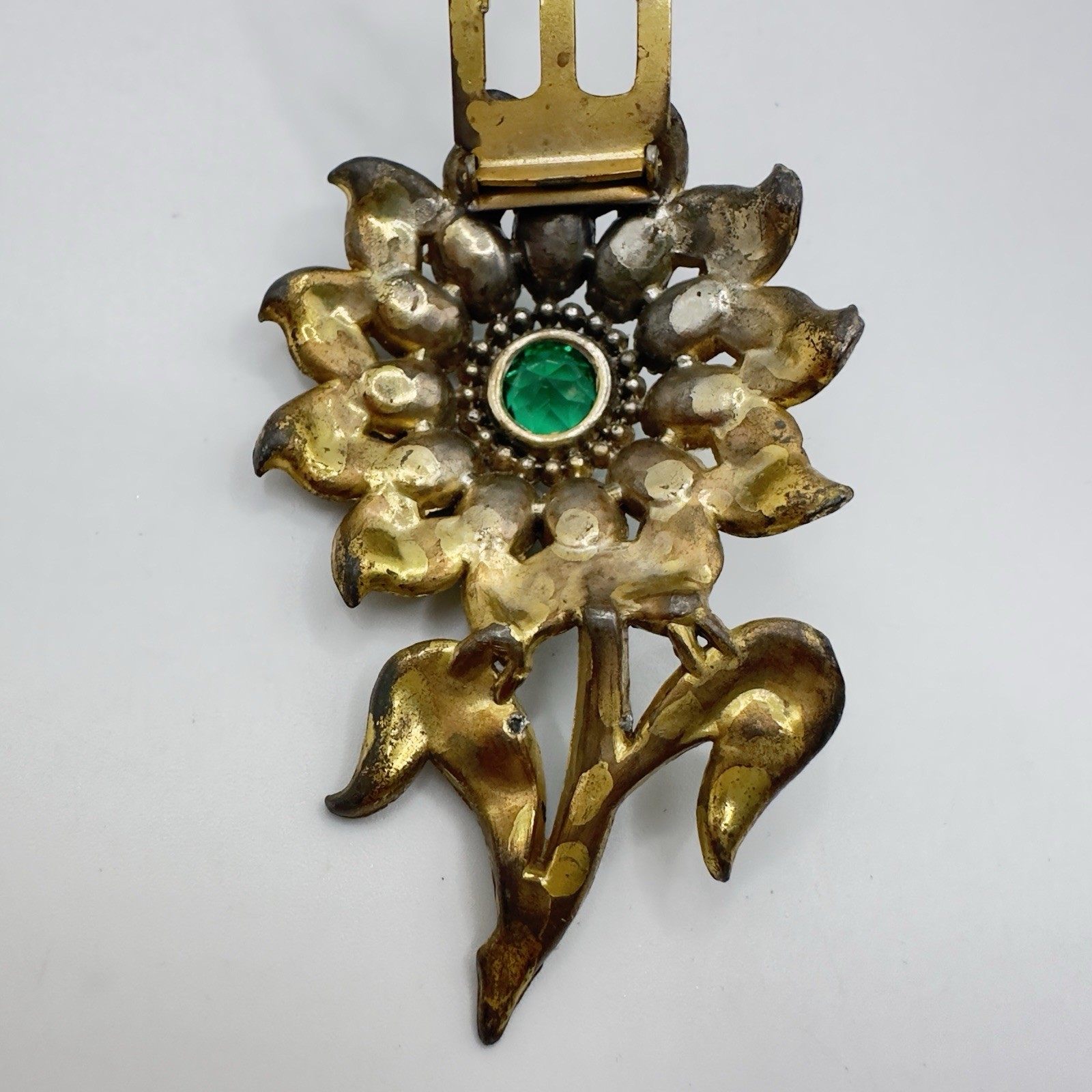 Vintage Pot Metal Dress Clip Flower Gold Tone Green Rhinestones 3″