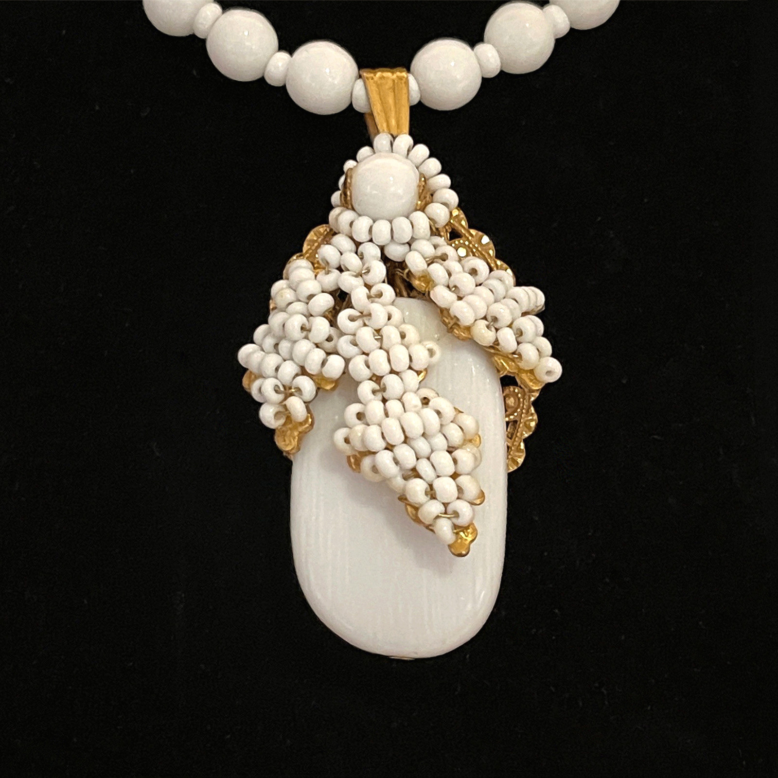 Vintage Mariam Haskell Milk Glass Bead Neck Signed Clasp / Pendant 20”