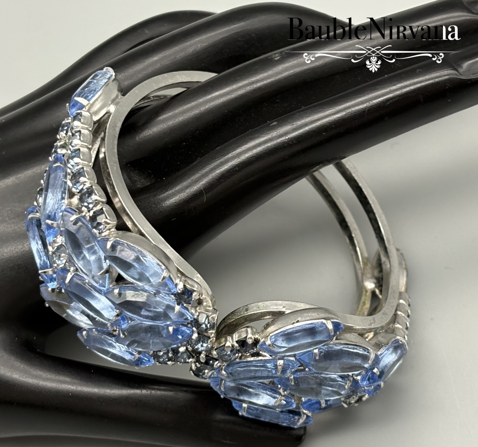 Vintage Icy Blue Prong Set Glass Stones Hinged Extra Wide Cuff Bracelet