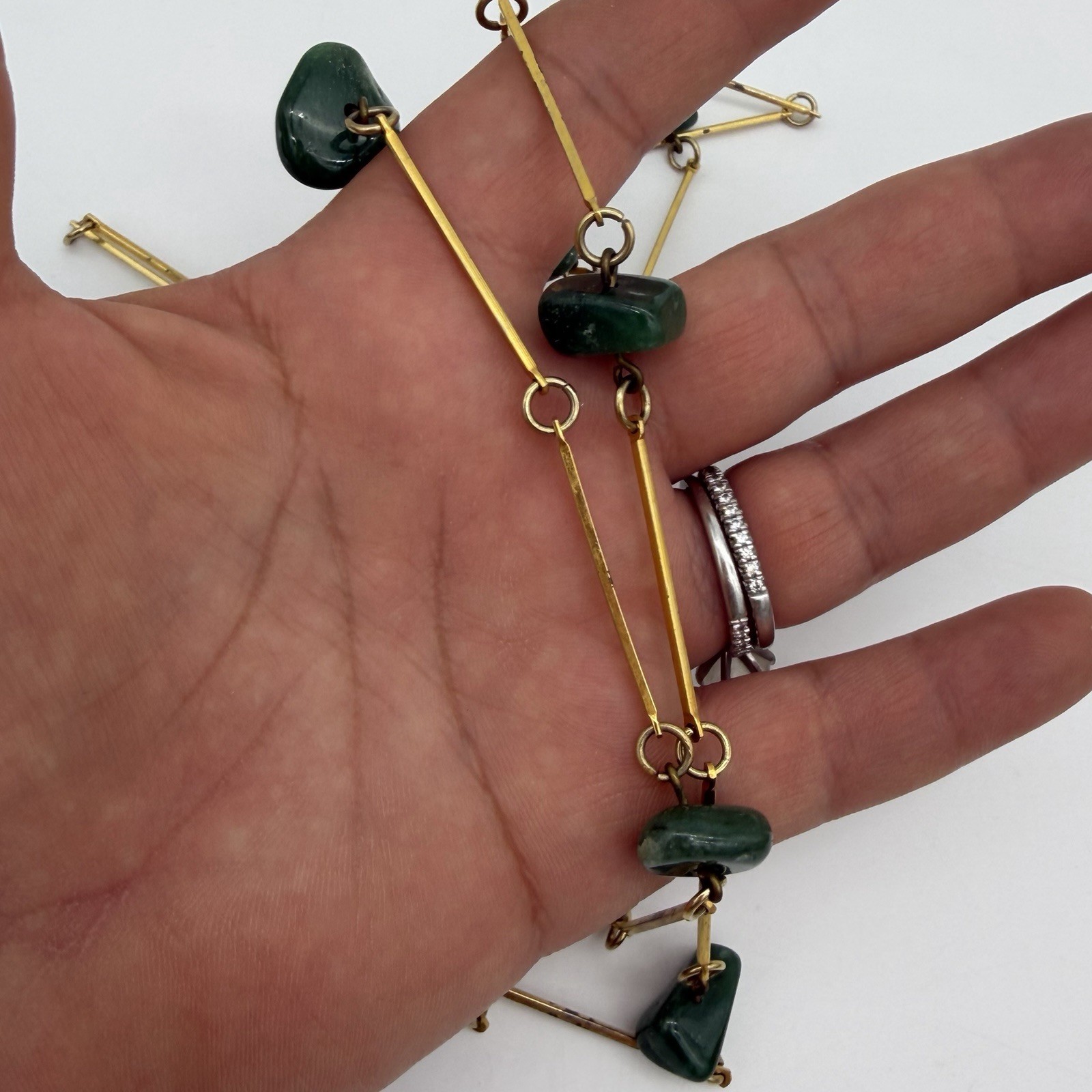 VTG Jade Bar Link Necklace Estate Deep Green Gemstone Flapper 40