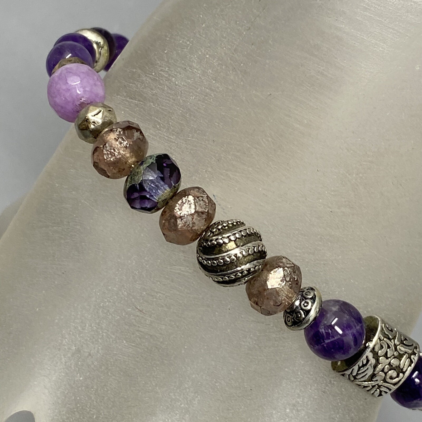 Amethyst Bracelet Purple Faceted Beads Picasso Czech Silver Tone Spacers Stretch