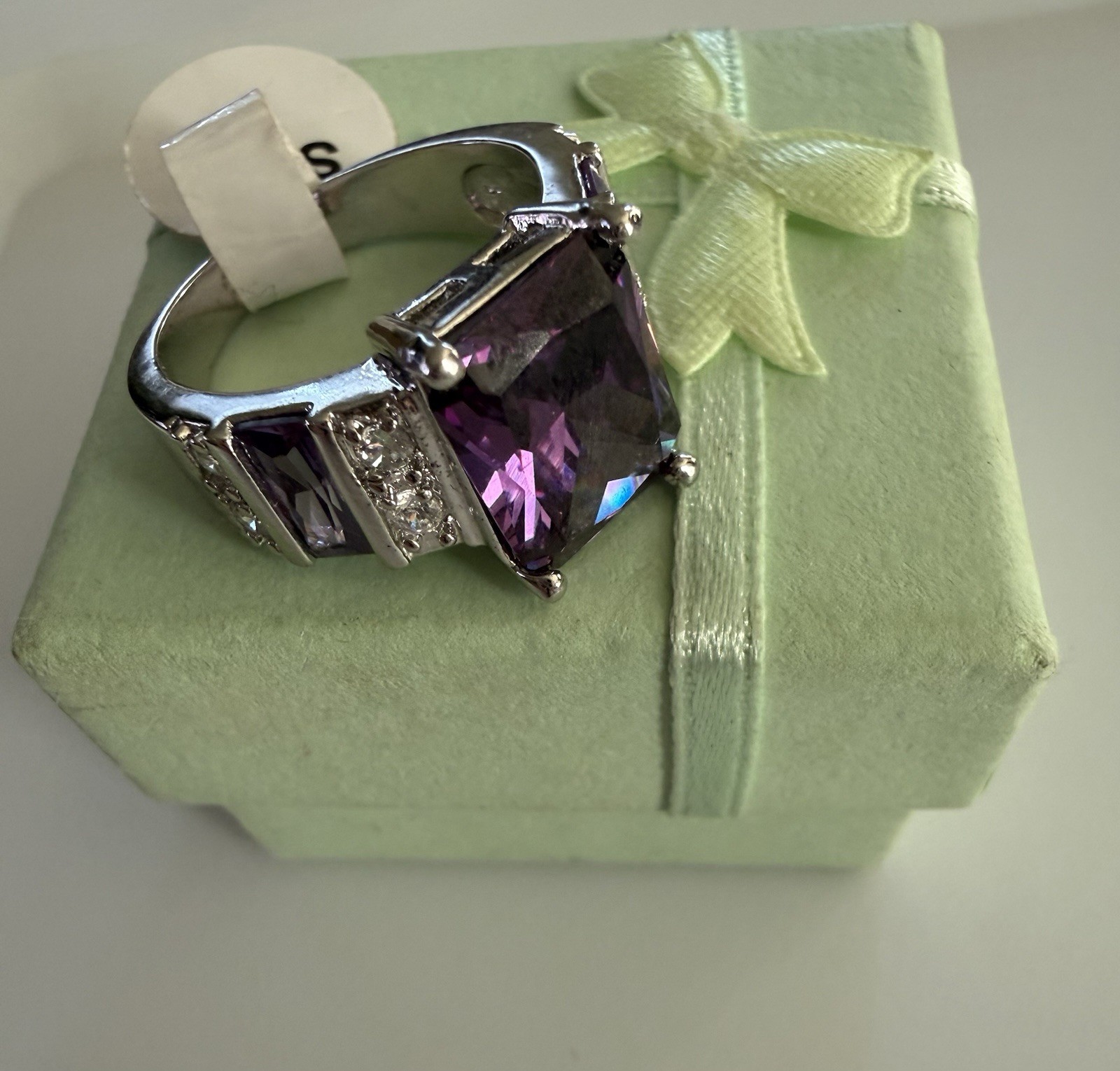 Vintage QVC HSN ? Amethyst & Clear CZ Sterling Silver Cocktail Ring Sz 7 6.6g