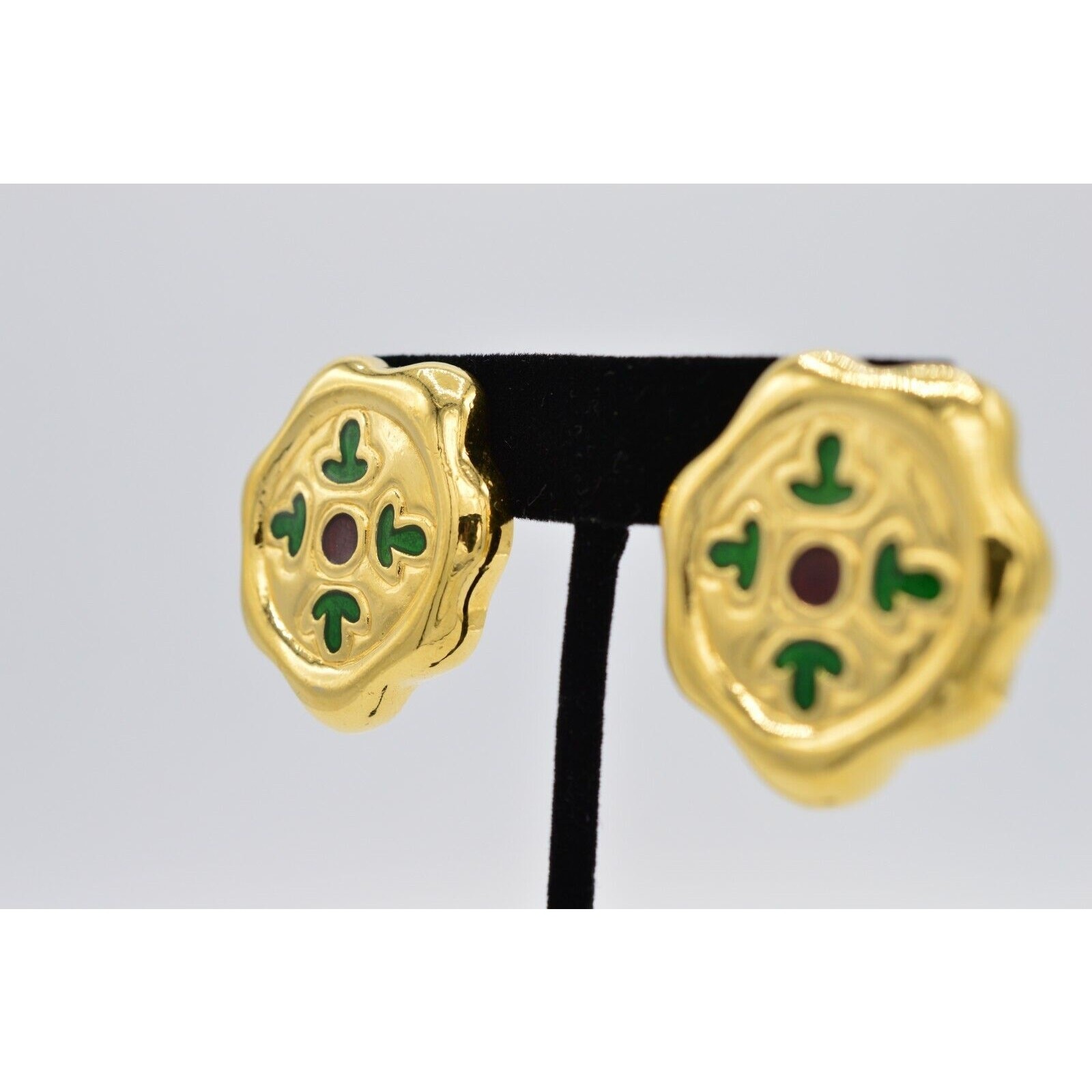 Givenchy Vintage Clip On Earrings Chunky Gold Green Red Enamel Signed 1980s BinX
