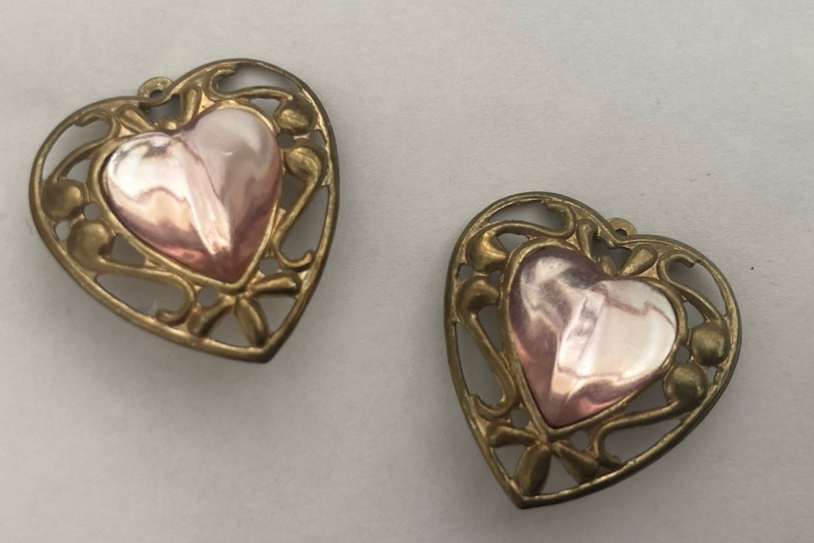 Victorian CottageCore Heart Earrings Pink Mirrored Faux Gem Gold Metalwork
