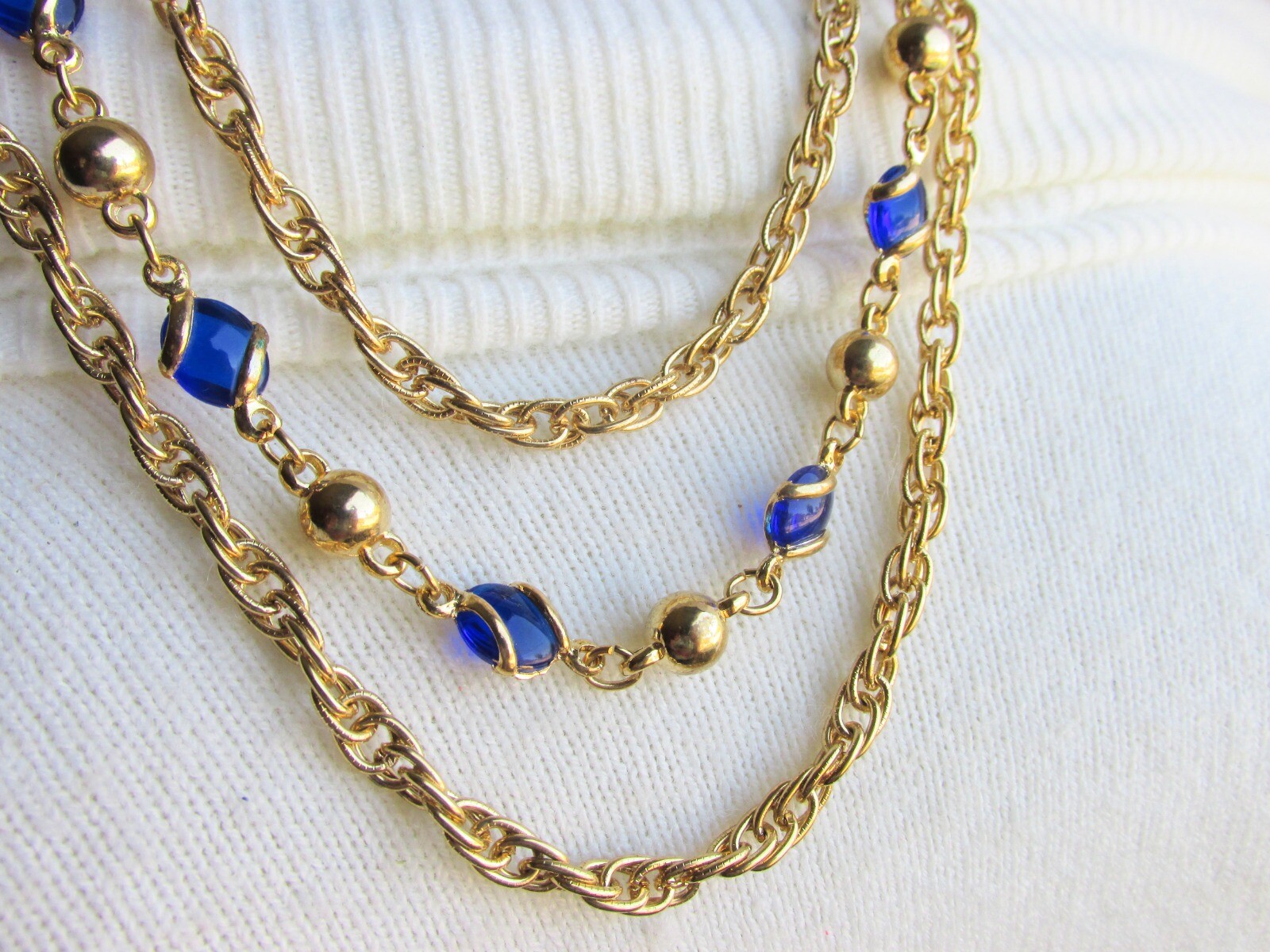 Vintage Electric Blue Glass & Metal Bead Necklace 3 Rows Gold Plate