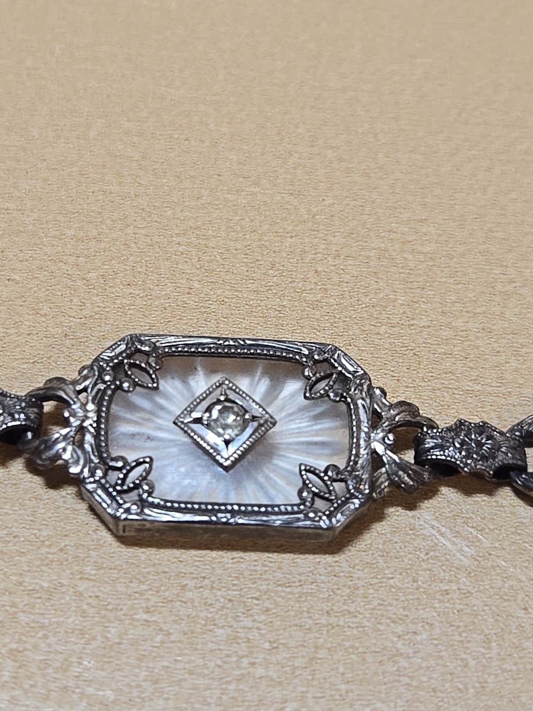 1930s Art Deco Childs CAMPHOR Glass Sterling Filigree & Diamond Bracelet & Ring