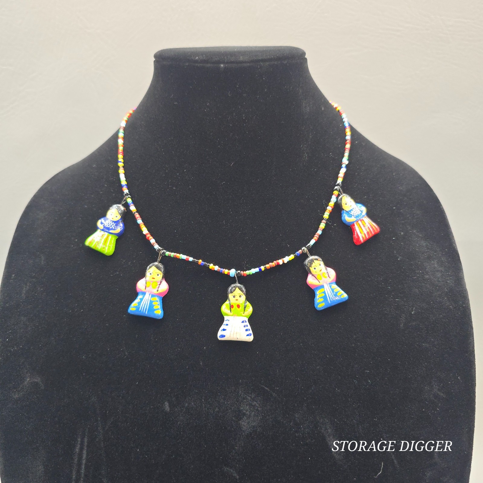 Vintage Folk Art Ceramic Doll Charm Necklace Multicolor Seed Bead Handmade 19″