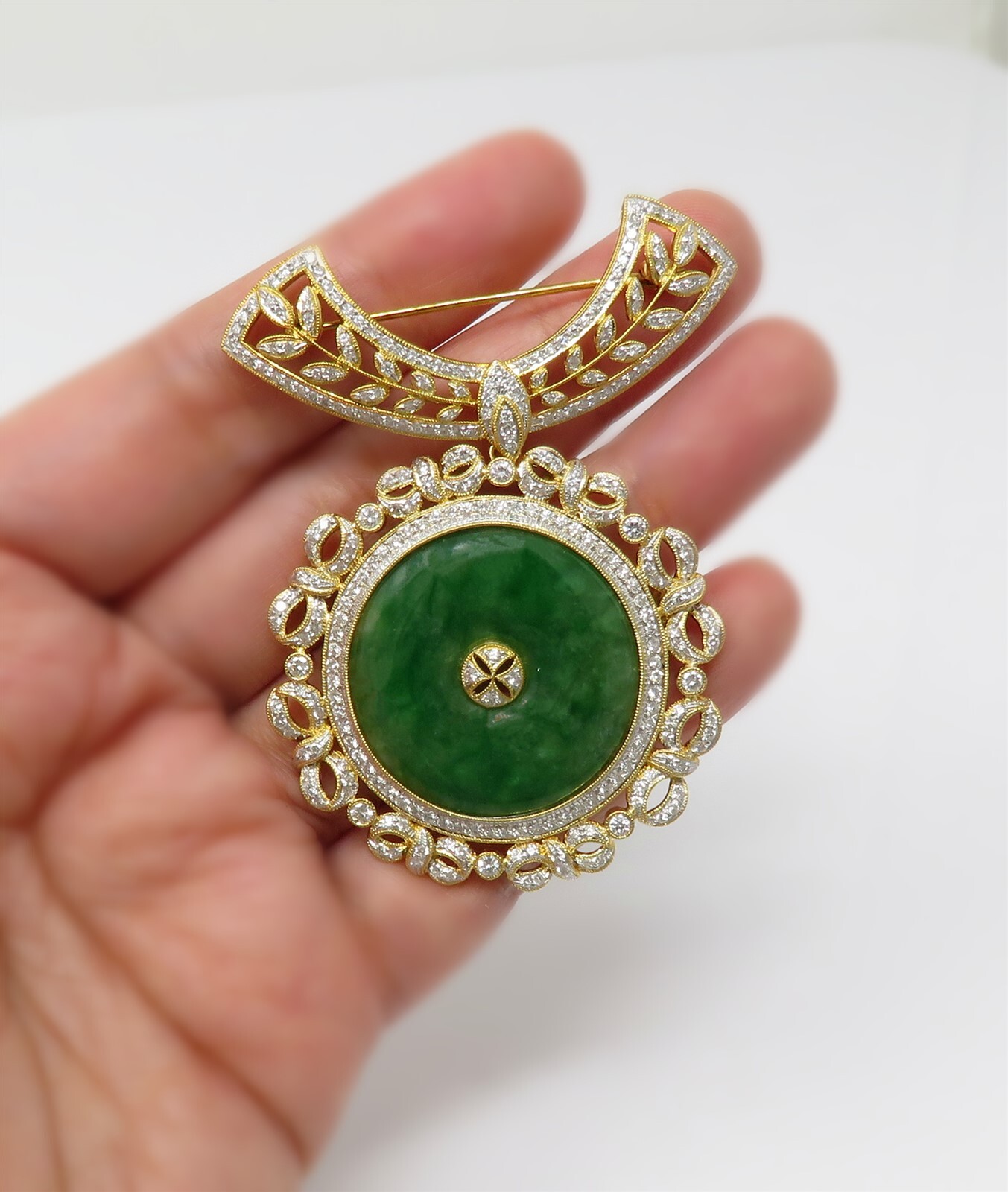 NYJEWEL GIA Certified 18k Gold Jadeite A Jade Fei Cui & 3.8ct Diamond Brooch 翡翠