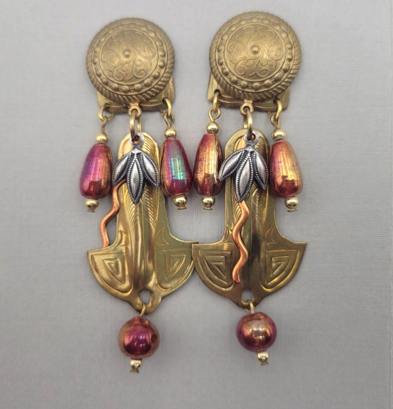 John Michael Richardson “Arabian Nights” Dangle Drop Earrings Brass Copper Glass