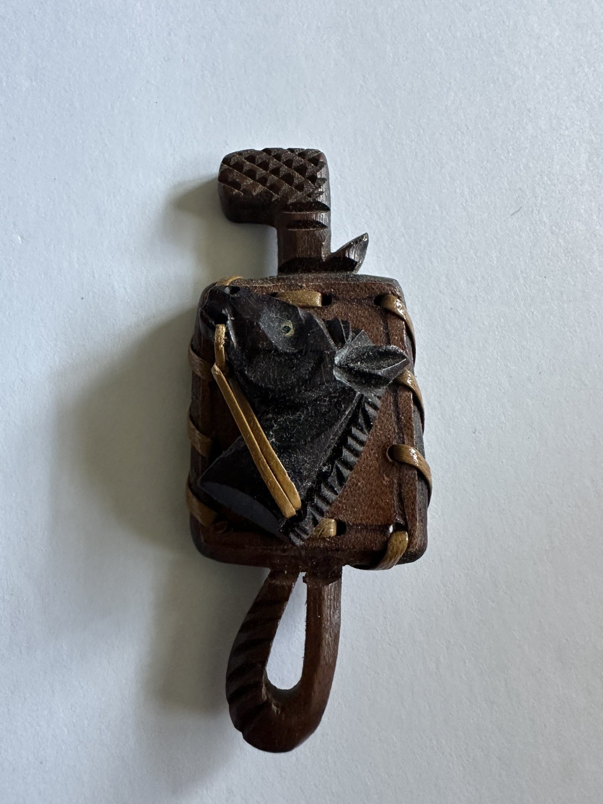 Vintage Hand Carved Brown Wood Horse Head Equestrian Pin Leather 30s Deco Brooch