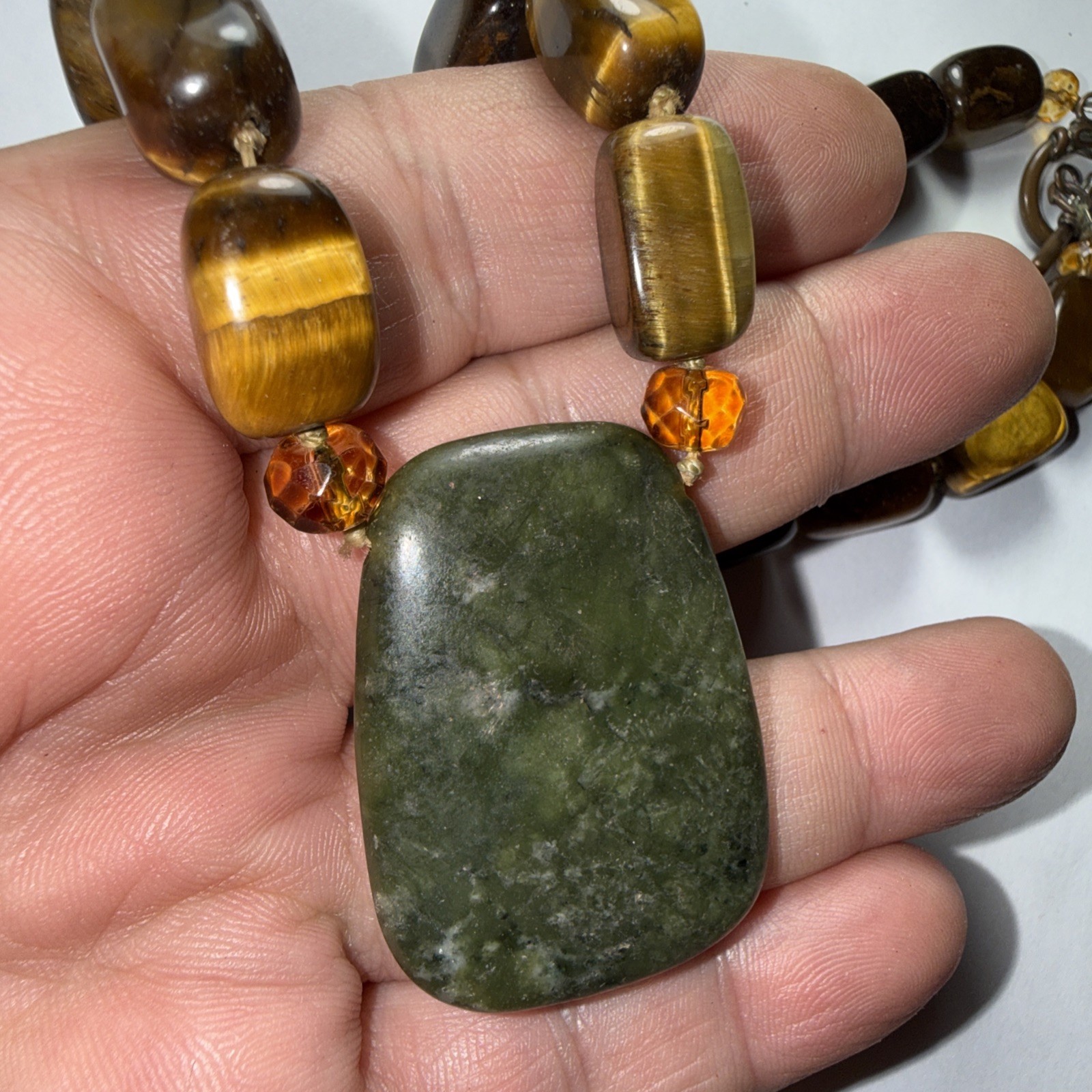 Necklace Big Jade Pendant Big Tigers Eye Beads Faceted Citrine Crystal 17” Old