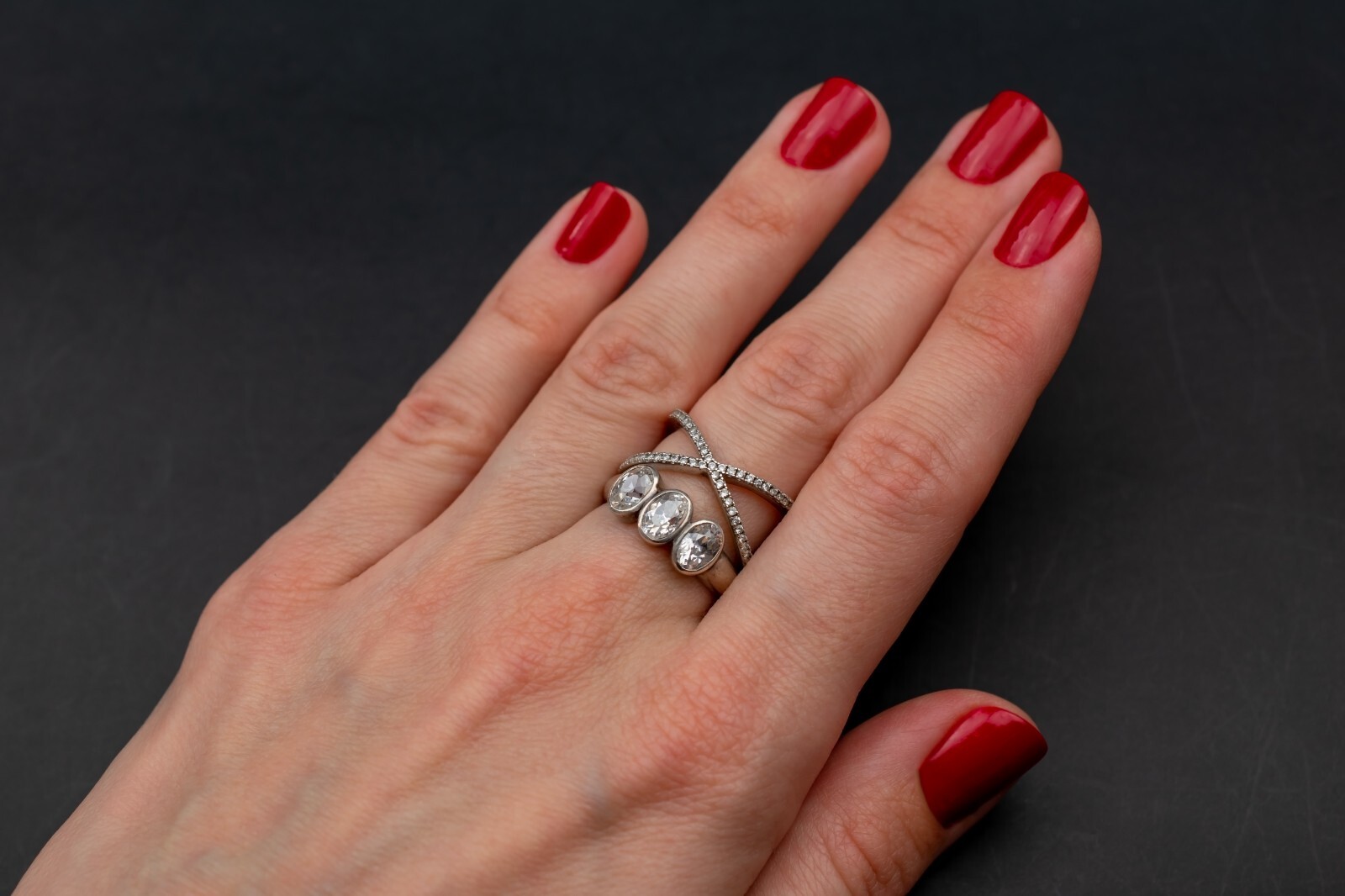 Chunky sterling silver ring with clear gemstone, basic casual right hand ring