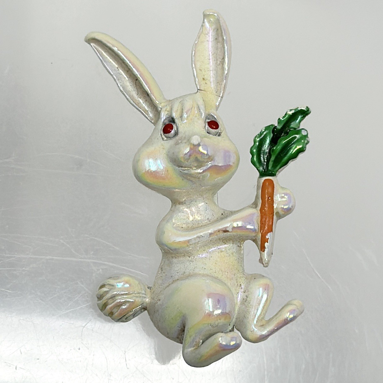 Vintage Enamel Bunny Brooch Red Eyes Carrot Figural Pin Easter Cute Retro 1.5”