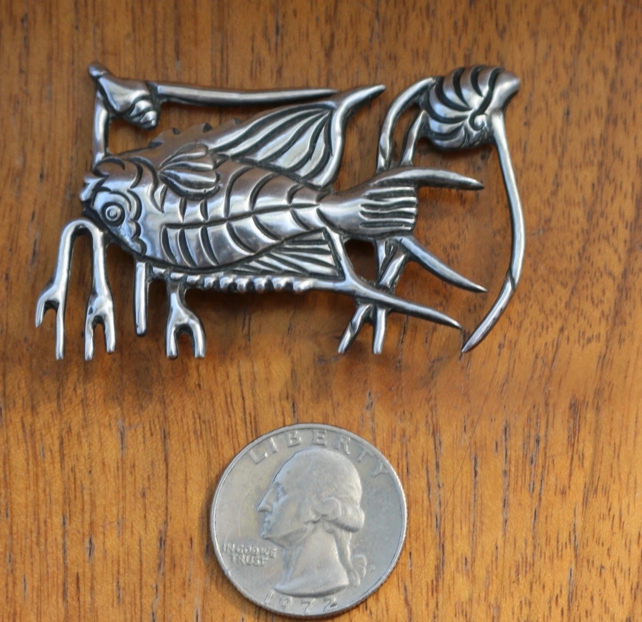 Vintage Los Castillo Taxco Mexico Sterling Silver Pin Brooch ~ Fish Aquarium 164