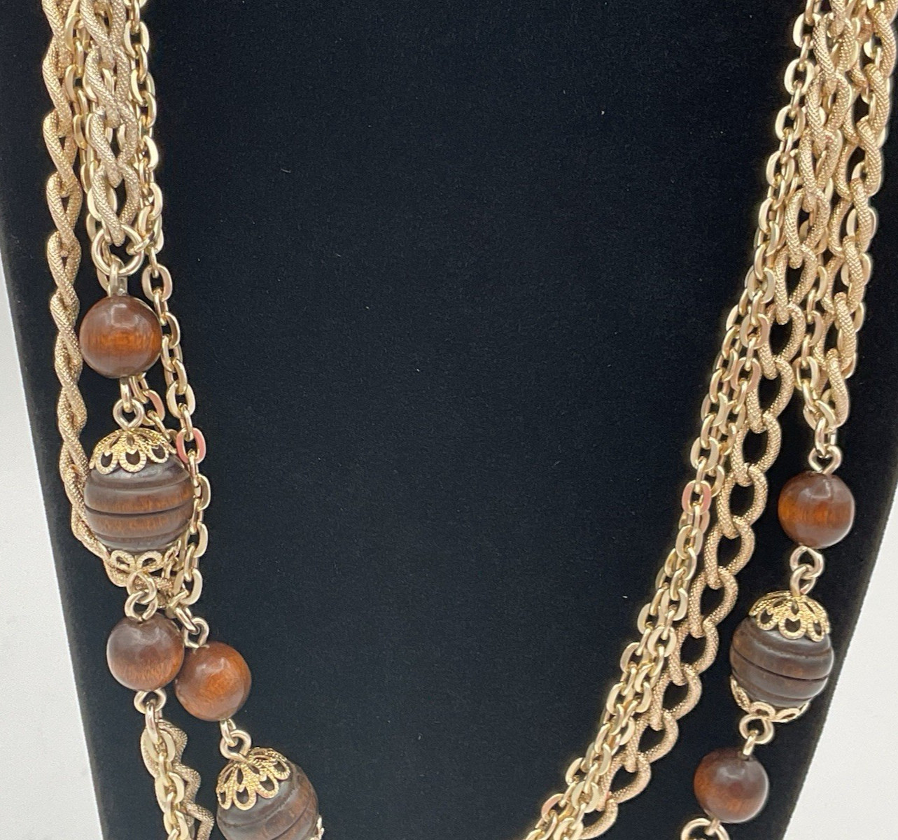 Emmons Goldtone Aluminum Chain Wood Bead Necklace 48″ NICE Fast Free Shipping!