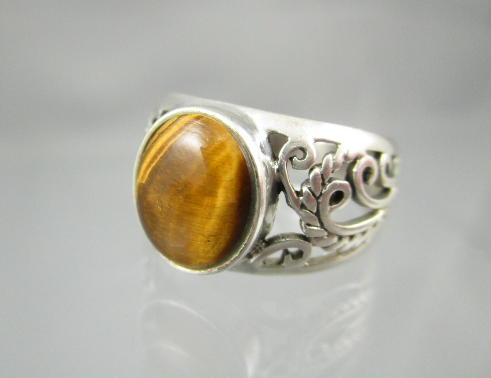 Filigree Sterling and Tigers Eye Ring Signed CW 925 Size 5.25 #4797E