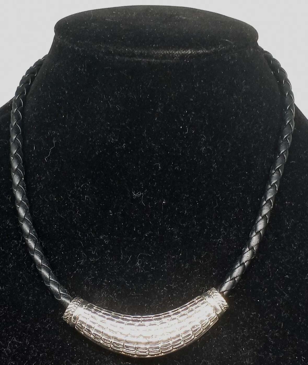 Vintage Choker Necklace Black Faux Twisted Leather Cord Silvertone Metal Pendant