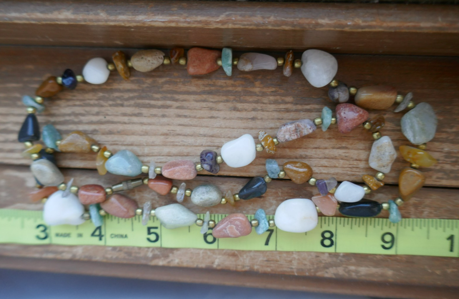 VTG 28″ Earth Tone Beggar Beads Semi Precious Gemstone Necklace w Brass Clasp