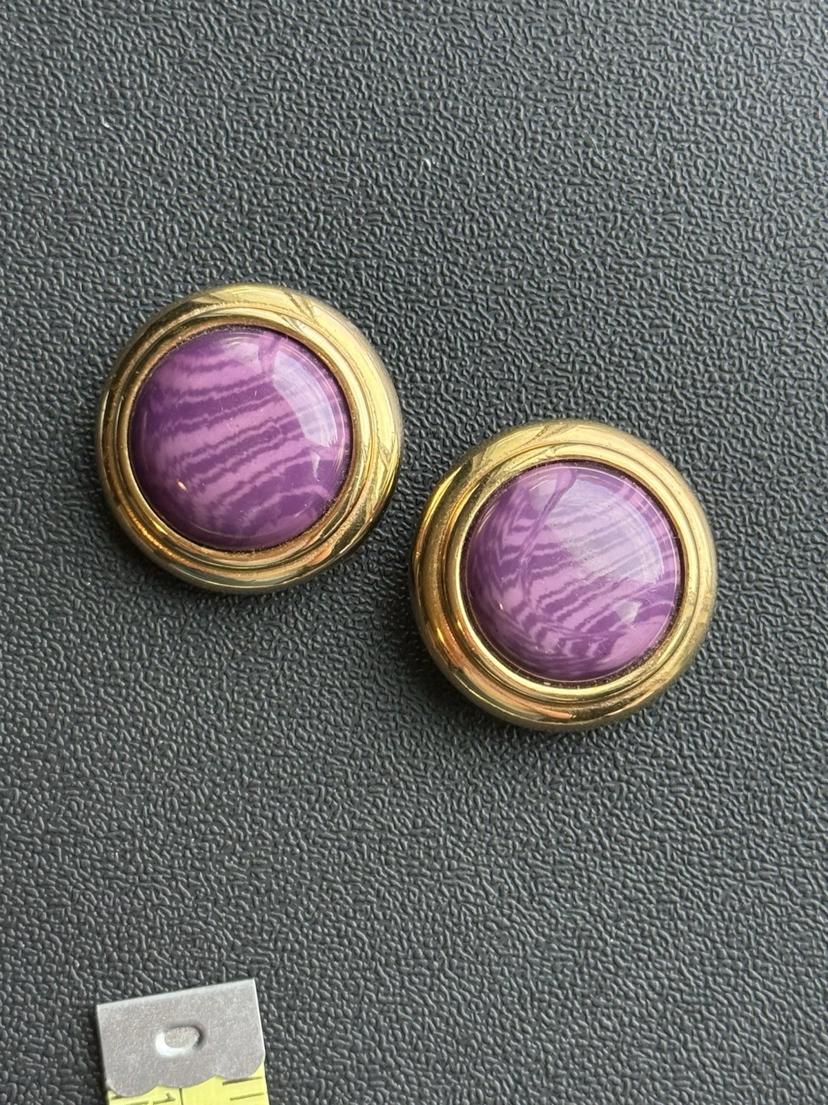 Vintage Designer Gay Boyer Earrings Purple Dome Gold Tone Large Clip On A