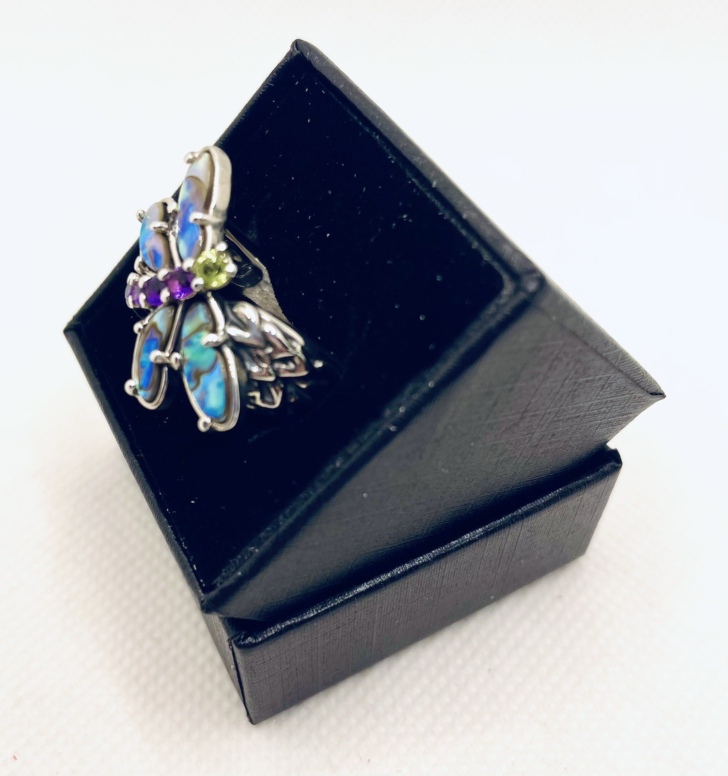 Carolyn Pollack Dragonfly Sterling Silver Abalone Amethyst Peridot Ring Sz 7