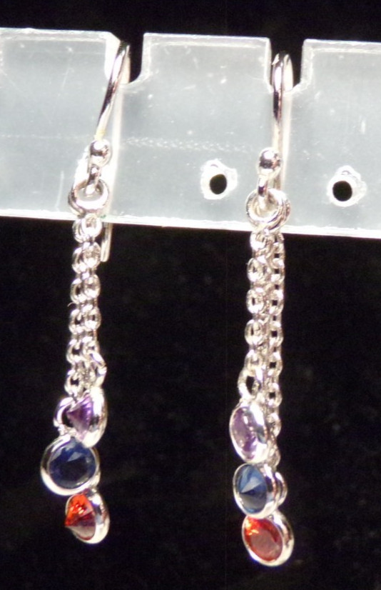 VTG SIGNED STERLING SILVER DROP CHAIN RED BLUE PURPLE CZ DROP PIERCE EARRINGS