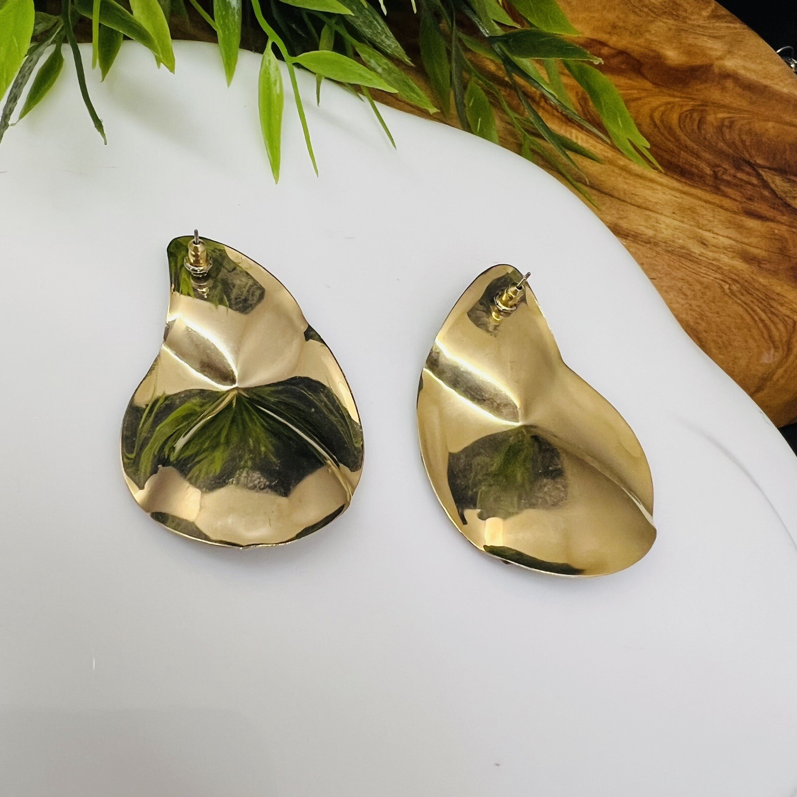 Vintage Huge Earrings Enamel Abstract Gold Green Red Yellow Flame Oversized 4001