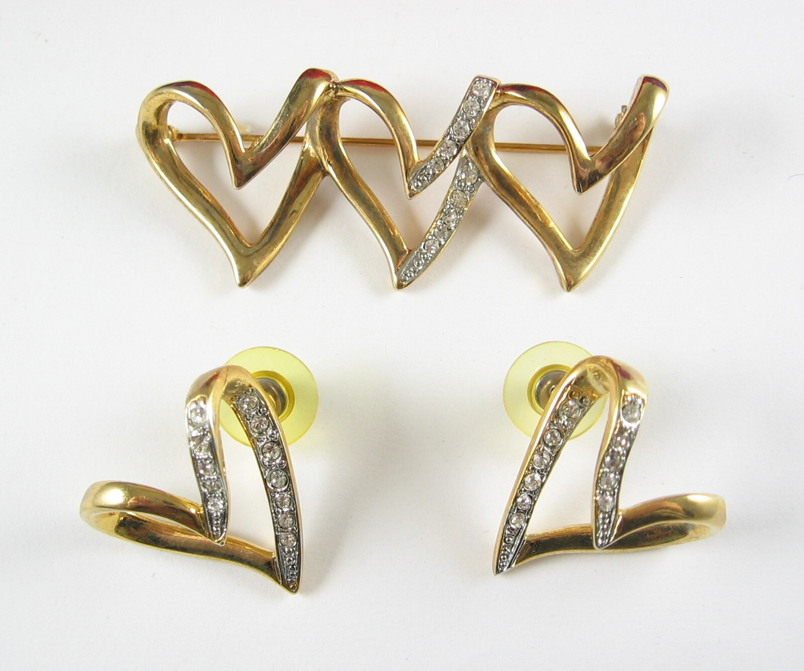 3/2 Rhinestone HEARTS Vintage PIN & EARRINGS Brooch Pierced Goldtone Silvertone