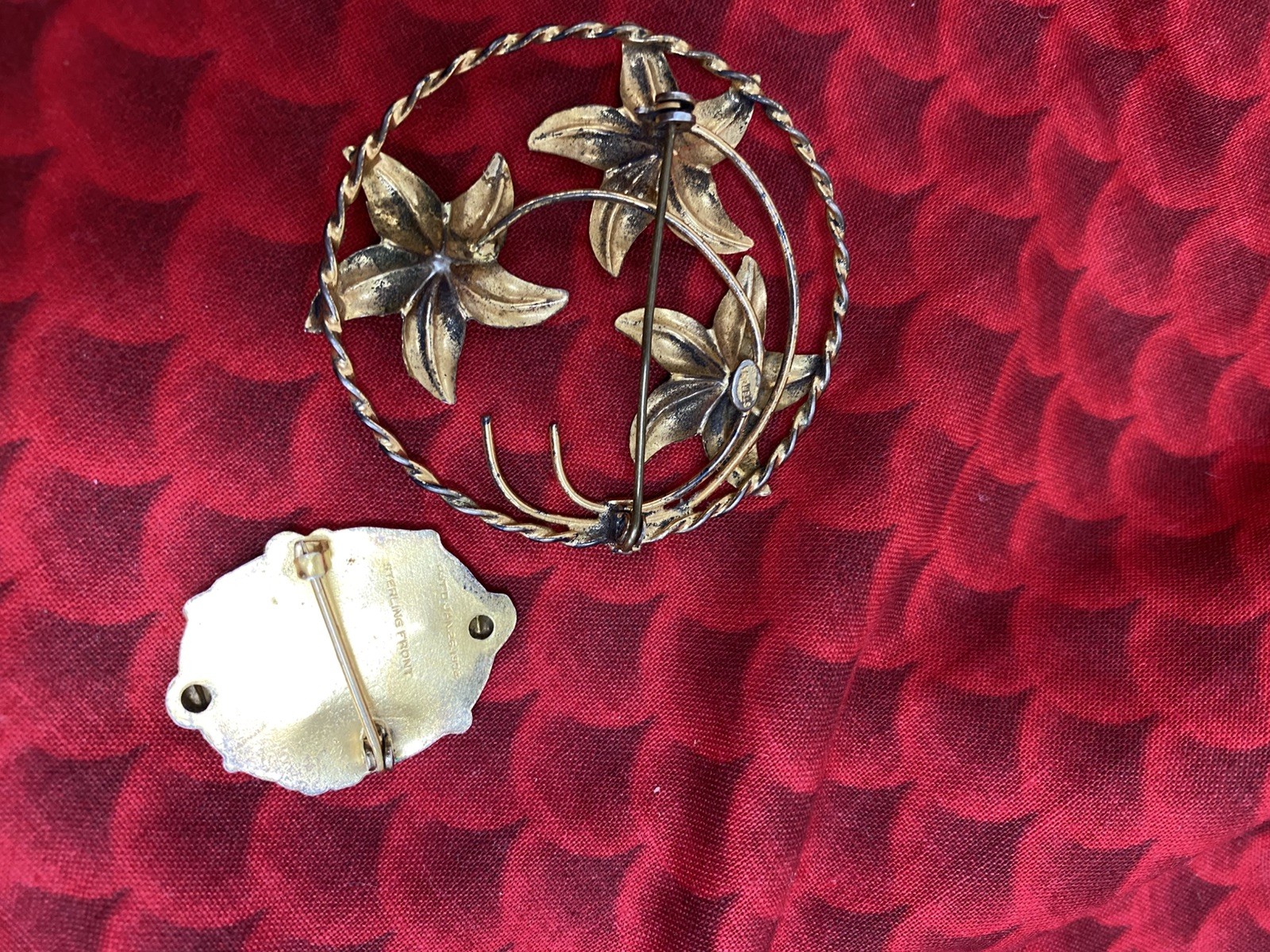 2 VINTAGE STERLING GOLD WASH BROOCH/PIN – FLORAL & VICTORIAN LADY