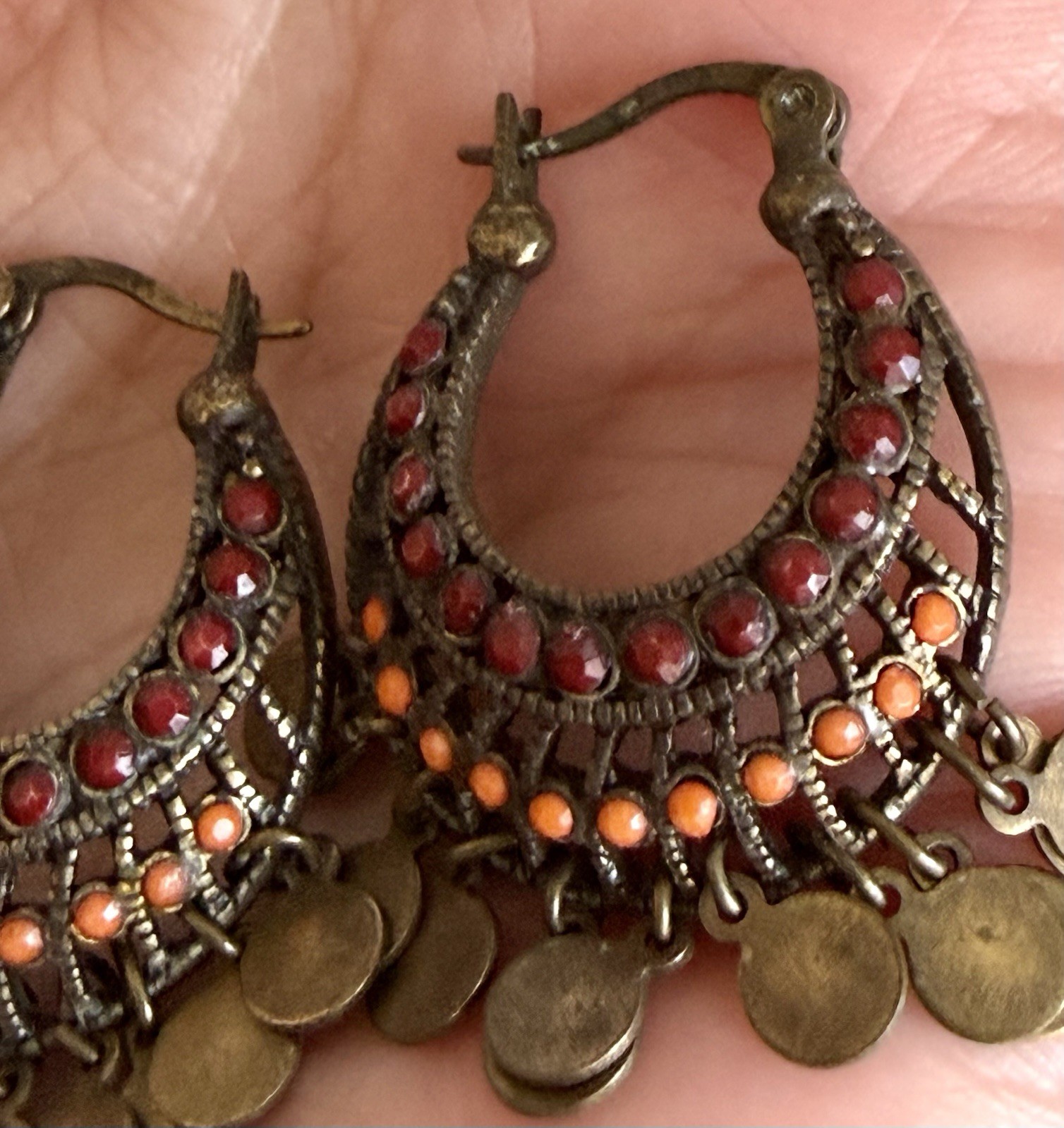 Vintage Gypsy Boho Bronze Hoop Dangle Hanging Pierced Earrings Red Orange Stones